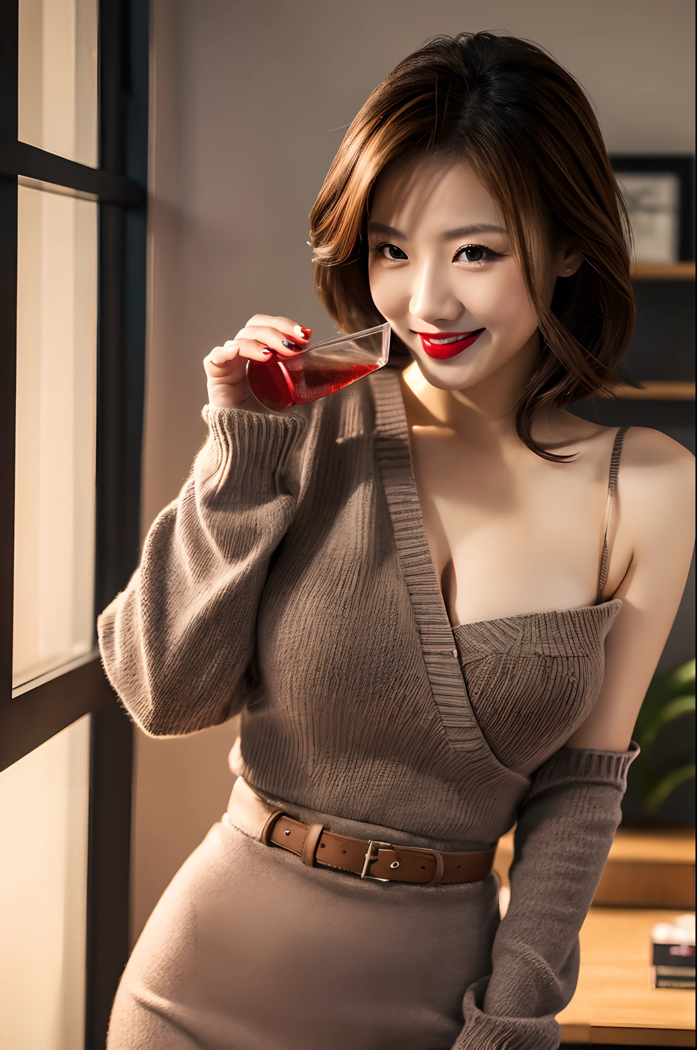 Drink alcohol,red-lips,De S,japanes,full bodyesbian,Brown hair,beauty legs,Chest,A smile,bobhair,OL,a secretary,8k,high-level image quality,chest,valley,A sexy,Grey knit dress,Gray sweater,off shoulders,A MILF,huge tit,痴女,A sexy,natta,dim room,starrysky,cocktails