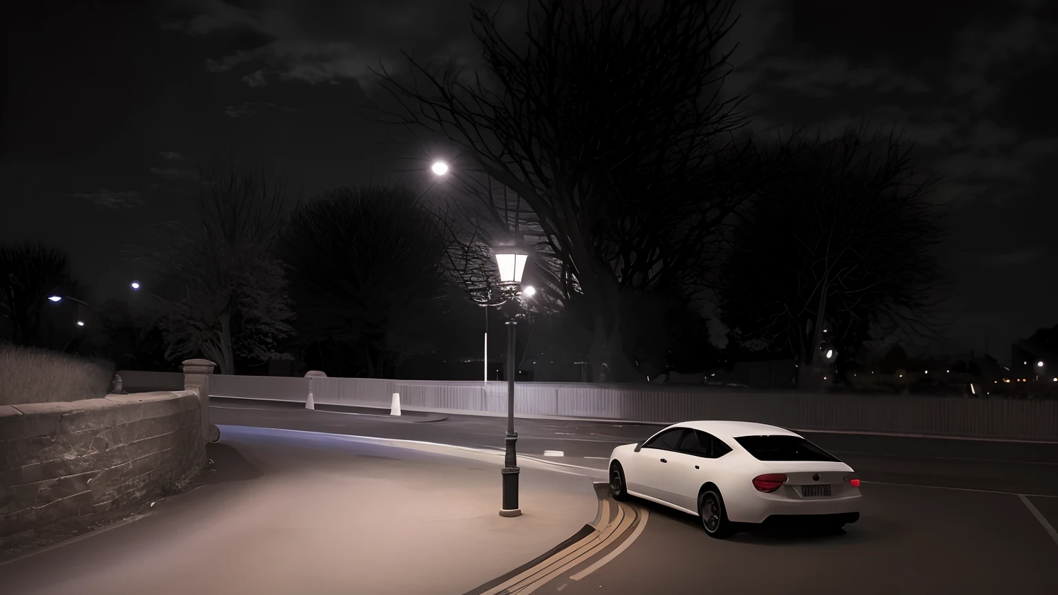 Alafi's car parked on the street at night，There are street lights, street lighting, streetlight at night, Street lights, atmospheric cold lighting, the street lights, streetlight, the street lights, Under street lights, ultra realistic lighting, atmospheric lighting - n 9, midnight mist streetlights, lamp post, the street lights, Dynamic and atmospheric lighting, cinematic outdoor lighting