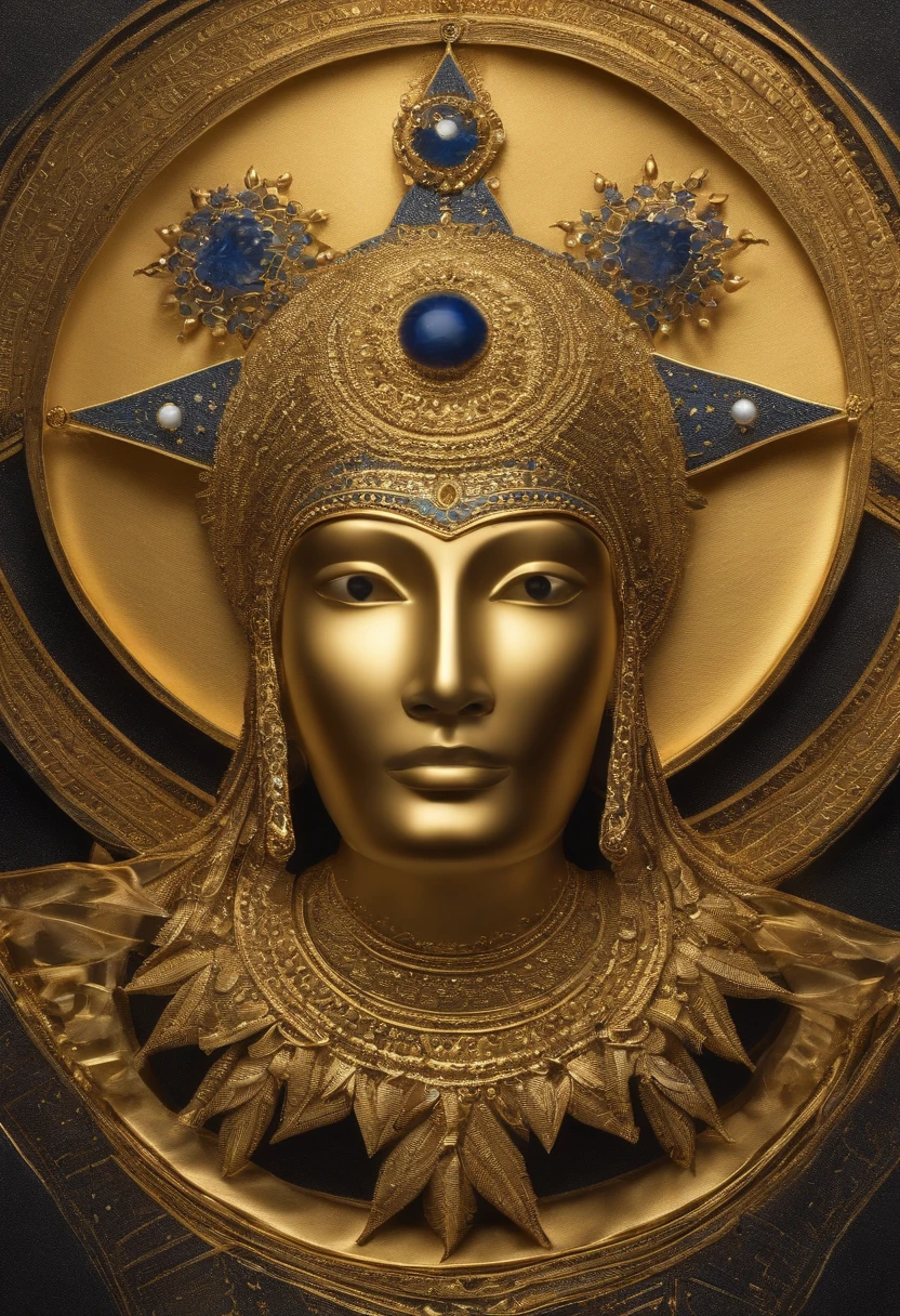 Head Extraterrestrials, alongada, queixo pequeno boca pequena olhos grandes, alto, esguio, roupa branca com bordas cor de ouro, symbol of the Intergalactic Confederation, which is a golden circle with a 6-pointed star, Navi blue skin and golden crown with golden circle in the middle and 6-pointed star in the middle.