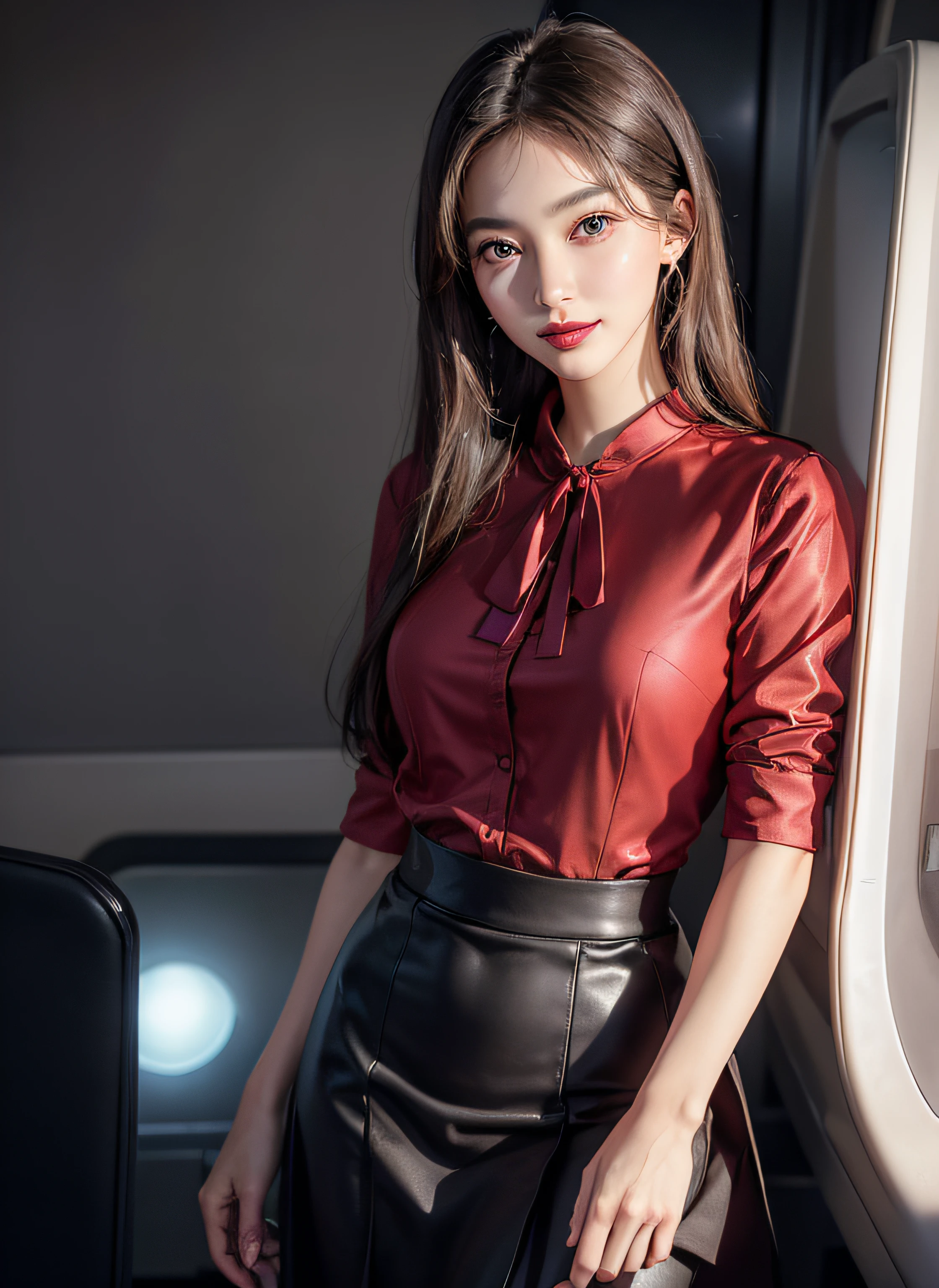 (8K high image quality), (top-quality), (RAW image quality),(masutepiece:1.2), (Realistic), (Photorealistic:1.37), ,largeeyes,long eyelasher,(Live-action realistic style),The Ultimate Face,Photorealistic light and shadow,Clear facial features,,Fair skin, ),(The Ultimate Face,Extraordinary beauty),Best portraits, 1-girl,Beautiful detailed eyes,highlydetailed skin,(Beautiful face with double eyelids), (Realism: 1.4),((fullbody image)) ,delicate and beautiful face,,Female about 20 years old,(Beautiful Face 1.4),Hair length is random,((Japan high school girl in uniform)),(red lipsticks,Lame around the eyes,earring beautiful),((Shot on an airplane)),(Standing,No skirt),(Flight attendant uniforms)),red lipsticks,Lame around the eyes,(Flight attendants in uniform),,(cowboy shot standing),Shoot head-on,,Close-range shooting,((Upper body should only wear a blouse and bra)),(((Show your audience your best smile))),Lightly dressed flight attendants