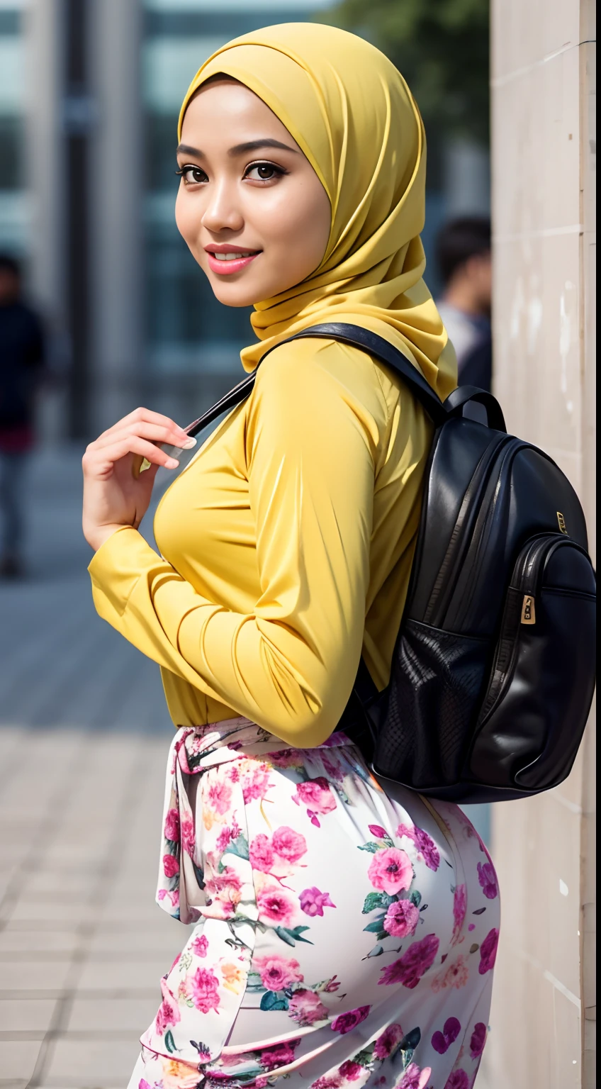 Malay girl in hijab, wear small floral pastel color shirt and High Waist Plicated Detail Suit Pants , laughing and posing with both hand on top of her head, wear backpack, front view, hijab blown, windy, detail skin, age spot, detail skin texture, mole below eyes, small breast, flat chest, wide hips, small waists, thick thighs, slim abs, beautiful body, nighttime, laughing, happy, bright lighting, college student in background, crowded cafe, blur background, bokeh, camel toe,