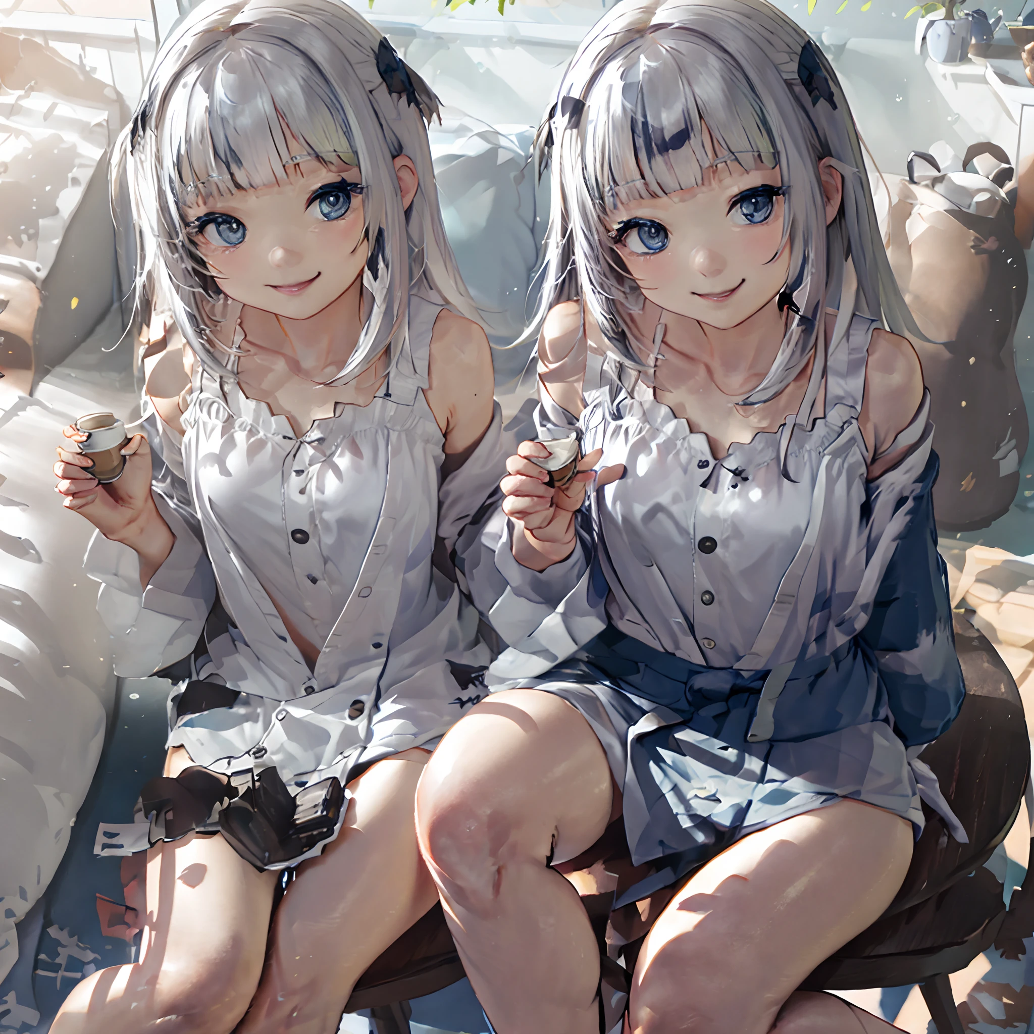 (extremely details CG、Unity、8K Wallpapers)、(extremely delicate and beautiful)、(​masterpiece)、(top-quality:1.0)、(超A high resolution:1.0)、beautiful  lighting、perfect lightning bolt、realistic shadow、[hight resolution]、Detailed skin、ultra-detailliert、detailed faces and eyes、Realistic eyes、Sharp pupils、cowboy  shot, Inside the café、Sitting on a chair、Drinking coffee、Cookies are on a plate、Evening glow、beauitful face、blurry backround、16-year-old beautiful girl、shinny skin、straight haired、Beautiful black hair、Blunt bangs、eyes are brown、Blouse、Plaid miniskirt、Curve、(cross one's legs、White panties visible in the crotch.:1.2)、looking happy smile