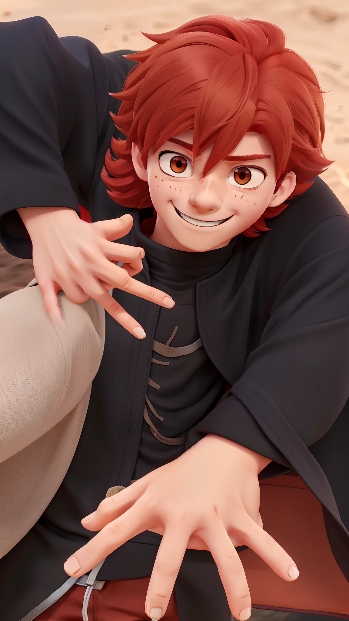 1male, sasori in anime naruto, short hair , red hair, brown eyes, handsome, smile, black clothes, realistic clothes, detail clothes, beach city background, ultra detail, realistic
