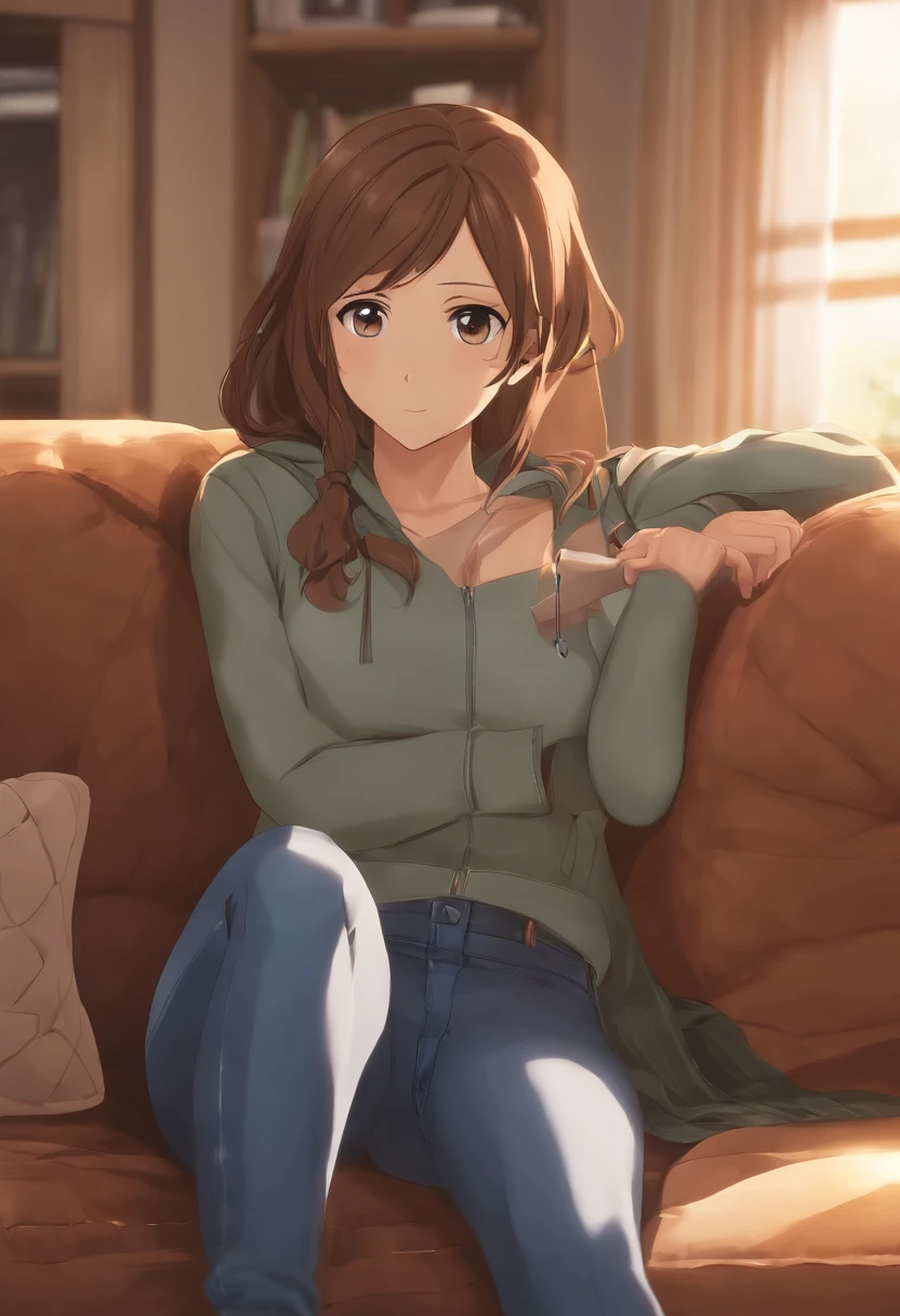 bell, anime, Brown hair, Medium breasts, Brown eyes, Light smile, Jeans, Scarf, Gray sweatshirt, Blue pants, Sitting, crossedlegs, Inside the smart home, sitting in the couch, Shino Asada's face, Anime Sword Art Online, Best quality