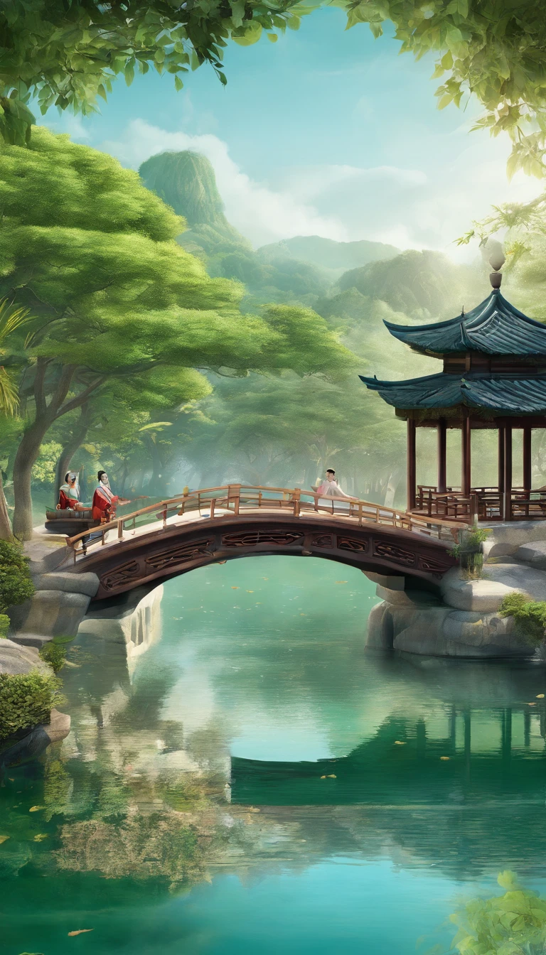 (Masterpiece, High Quality, Best, Official Art, Beauty and Aesthetics: 1.2), Surrounded by emerald green landscape, milky white transparent water, Chinese three-dimensional landscape painting, Chinese Song Dynasty landscape painting, Suzhou gardens, pavilions, Bridges, boats, light Tracking, foreground occlusion, natural light, jungle, c4d, OC rendering, product photography