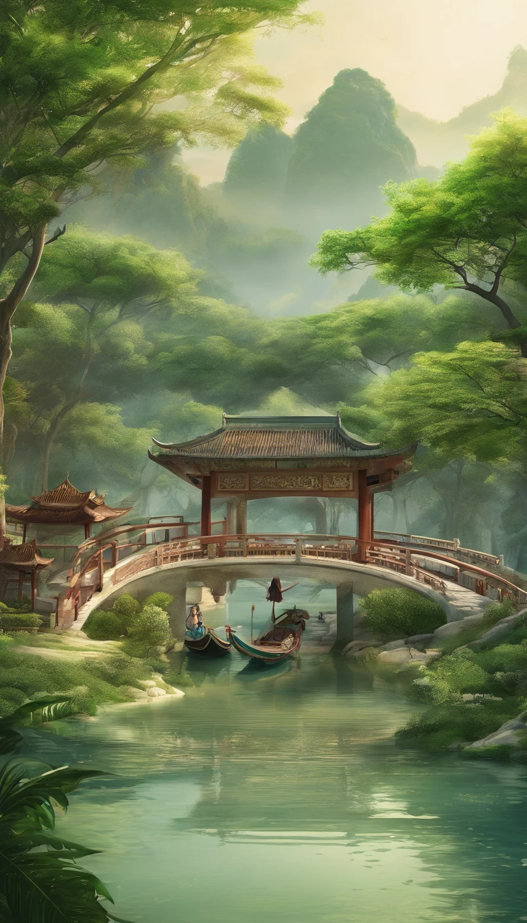 (Masterpiece, High Quality, Best, Official Art, Beauty and Aesthetics: 1.2), Surrounded by emerald green landscape, milky white transparent water, Chinese three-dimensional landscape painting, Chinese Song Dynasty landscape painting, Suzhou gardens, pavilions, Bridges, boats, light Tracking, foreground occlusion, natural light, jungle, c4d, OC rendering, product photography
