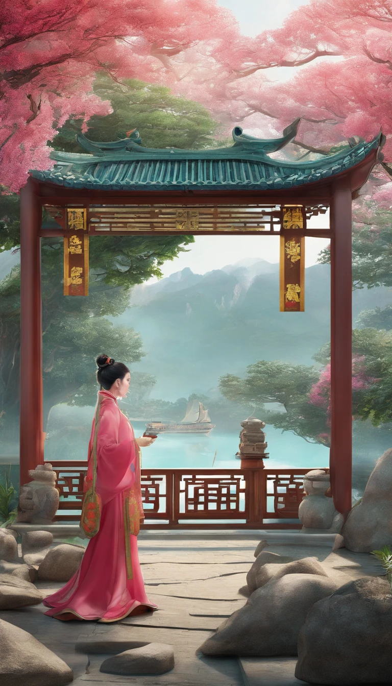 (Masterpiece, High Quality, Best, Official Art, Beauty and Aesthetics: 1.2), Surrounded by emerald green landscape, milky white transparent water, Chinese three-dimensional landscape painting, Chinese Song Dynasty landscape painting, Suzhou gardens, pavilions, Bridges, boats, light Tracking, foreground occlusion, natural light, jungle, c4d, OC rendering, product photography