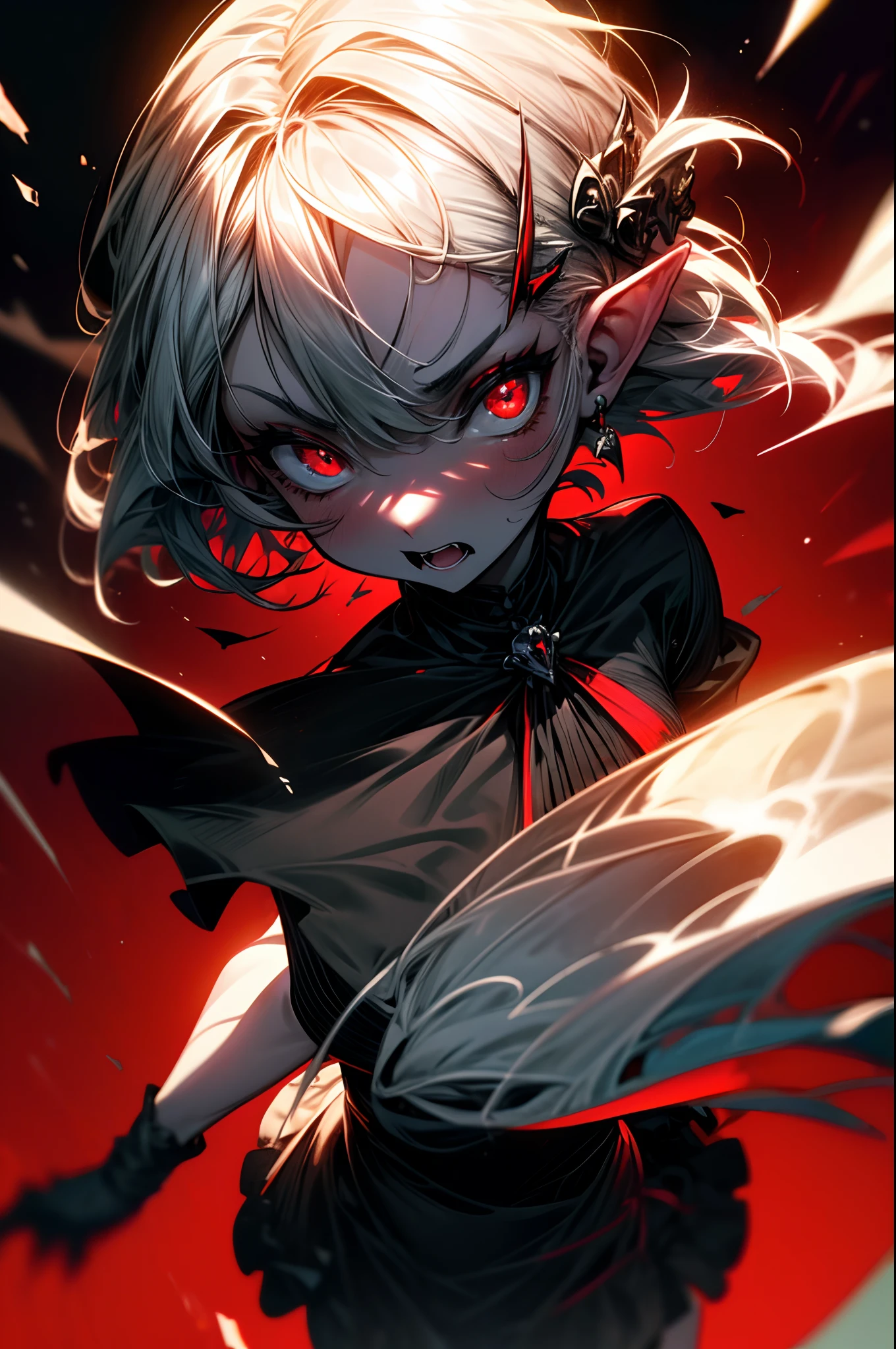((Best Quality, 8K, Masterpiece)), ((1woman, petite)), flat color, limited palette, Perfectly Cute Girl, Delicate and smooth skin, Realistic skin, Perfect Beautiful Face, Perfect and Cute Face, (POV POV, View from above), short messy white hair, elf ears, sharp fangs, disgusted expression, open mouth, cringing, glowing red eyes, skull hairpin, ornate black dress, fully clothed, dark aura, black and red, two tone, dark hue, red hue, high contrast, dark lighting