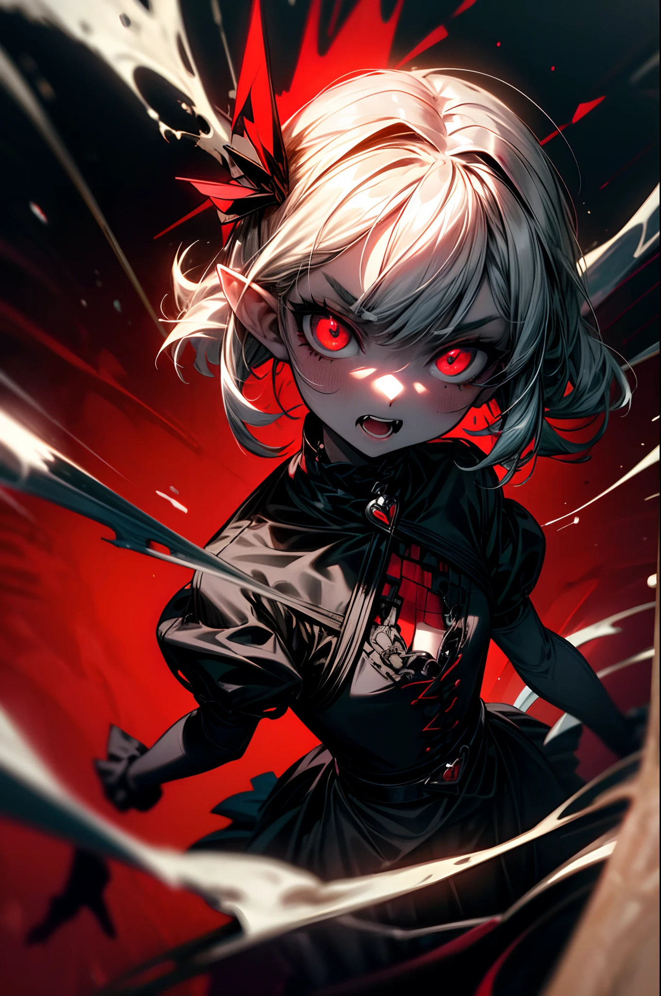 ((Best Quality, 8K, Masterpiece)), ((1woman, ite)), flat color, limited palette, Perfectly Cute Girl, Delicate and smooth skin, Realistic skin, Perfect Beautiful Face, Perfect and Cute Face, (POV POV, View from above), short messy white hair, elf ears, sharp fangs, disgusted expression, open mouth, cringing, glowing red eyes, skull hairpin, ornate black dress, fully clothed, dark aura, black and red, two tone, dark hue, red hue, high contrast, dark lighting