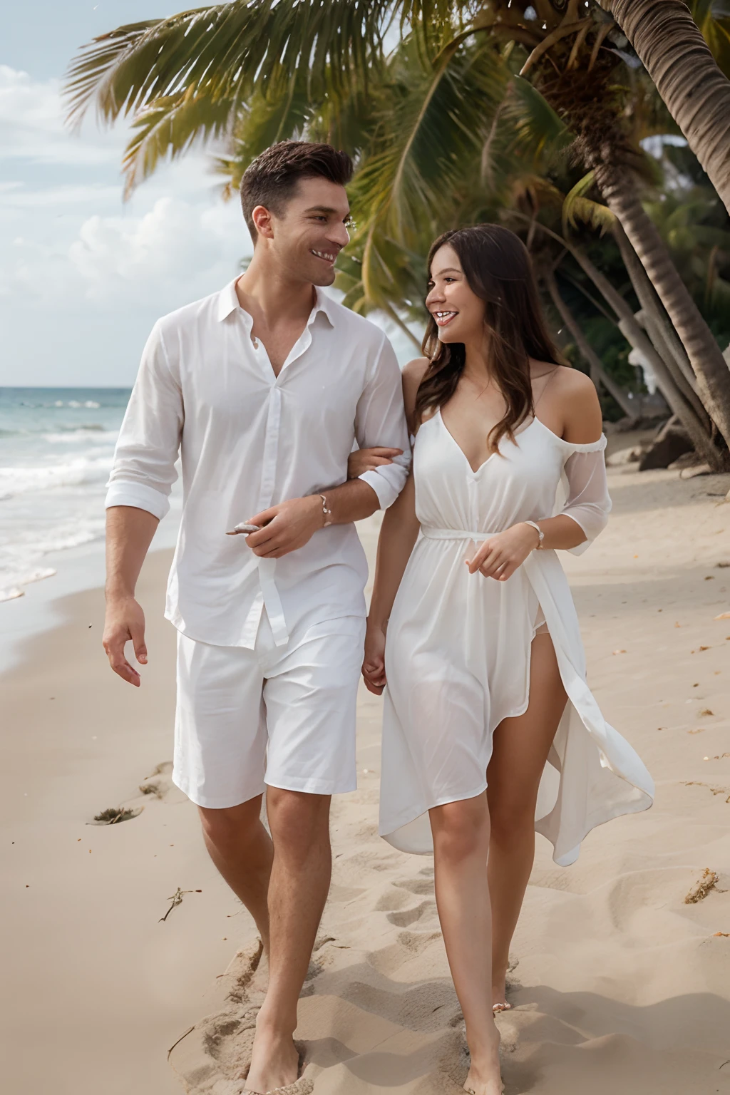 Couple. Walking on the Beach. Clothes elegant white Cotton. They enjoy cocktails. Romatic. Beautiful People. Nice smile. Long transparent dress.