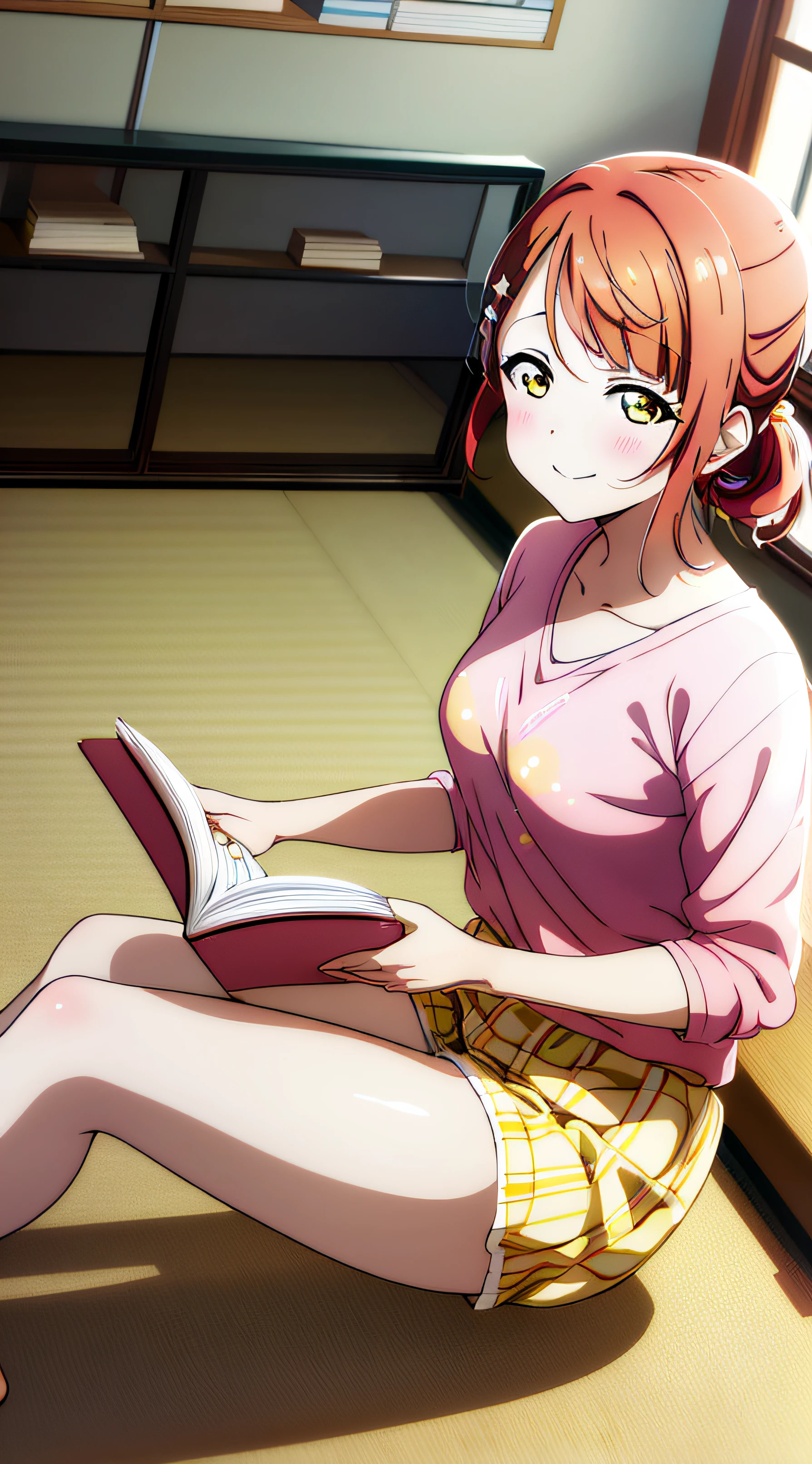 high quality, best quality, masterpiece, absurdres, ayumu uehara, 1girl, Anime-style color grading, bushiroad studio coloring style, yellow eyes, medium hair, pony tail, pink hair, casual clothes, talking, smilling, bedroom, reading books, japanese language book