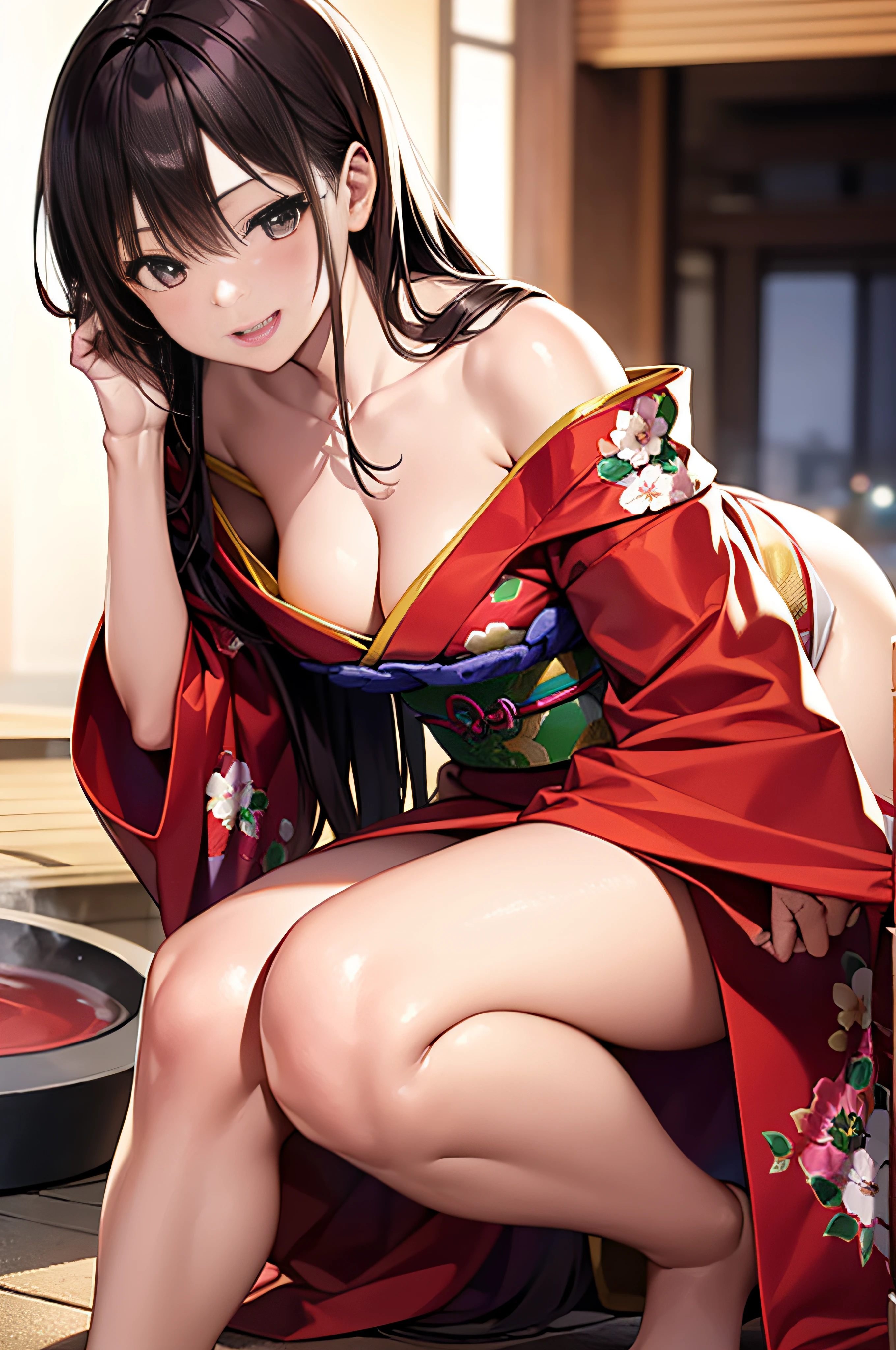 masutepiece, Best Quality, 1girl in、25 years old women, udder of medium size,, Curve, Perfect female body,Long Wave Hair、 Red kimono, Floral pattern, cleavage, 鎖骨, off shoulders, bending forward、hot spring town、Crouch Pose