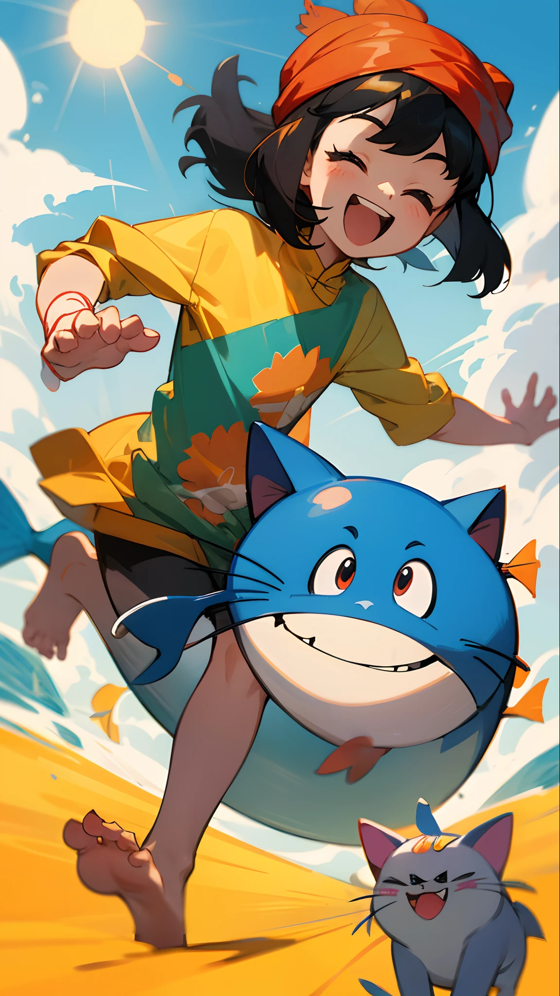 A cheerful turban who runs barefoot in pursuit of a dora cat with a fish in its mouth。Everybody's laughing。The sun is smiling too。Rule Lu Lou Lou。Nice weather today