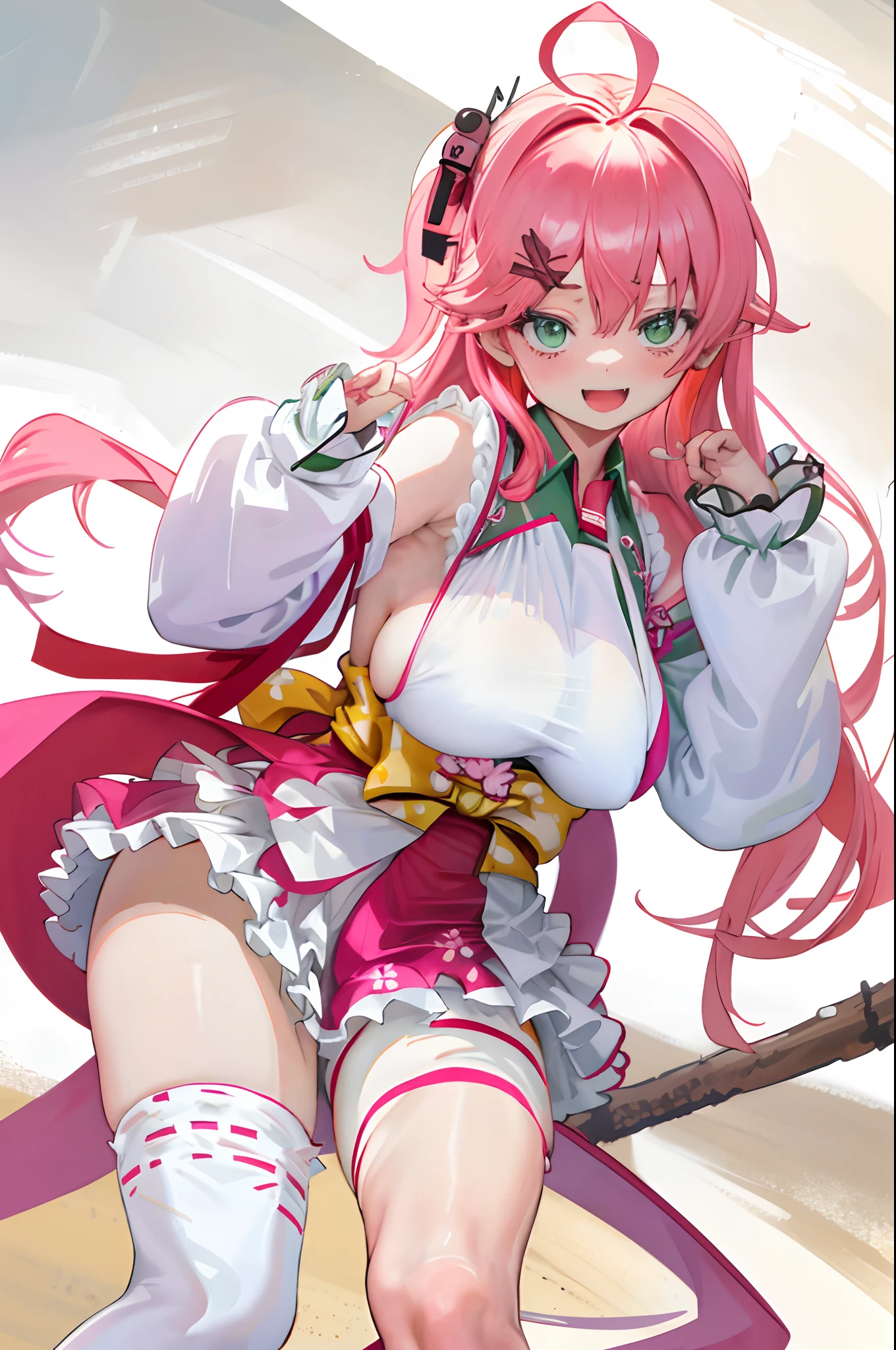 masterpiece, best quality, highres, miko1, sakura_miko, 1girl, big_boobs, solo, ahoge, x_hair_ornament, pink_hair, floral print, hairclip,(side_less_clothes:1.5), (side_boobs:1.5), hair_bell, floral print, long_hair, hair between eyes, one side up, white thighhighs, asymmetrical legwear, wide sleeves, open_mouth,(happy:1.3),green_eyes,big_smile,(raise_leg:1.3),plump,apart_legs,(overly_long_sleeves:1.3),),sleeves_past_wrists,hands_hidden_sleeves,sidelock_clothes,solo,hidden_wrists,(XD:1.5),covered_nipples,plump,sunlight,(bare_flank:1.3)