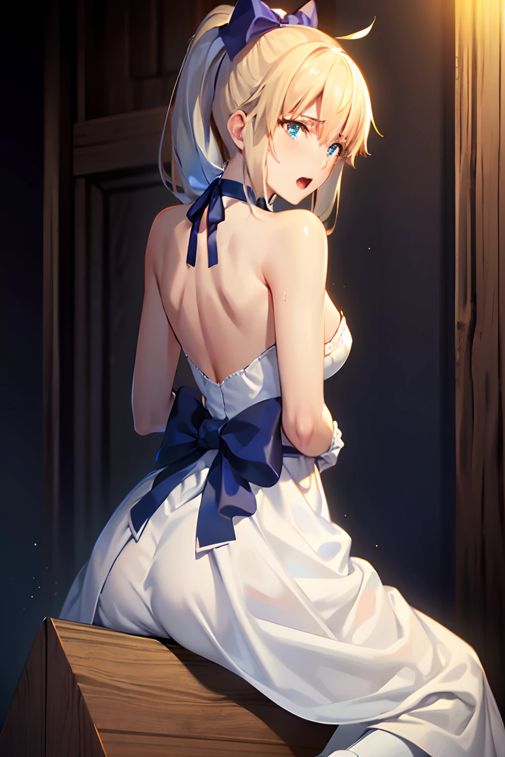 Best Quality, masutepiece,(Perfect hands, Perfect feet,Perfect Anatomy),Saber, Faltria, 1girl in, gloves, elbow groves, Choker, White Dress, official alternate costume, breasts, 鎖骨, Ponytail, White Gloves, cleavage, straplessdress, Bow, Bare shoulders, Short hair, parody, Blue choker, Hair Bow, Blue Ribbon, 1girl in, wooden horse, Crotch rubbing, Thought-provoking liquids, Shibari,, masutepiece, Best Quality, Highly detailed、(Hands behind your back:1.5)、nffsw, Large breasts, White hair, Blue eyes, female focus, Full body, , Open mouth, ,  Juice, Sweat, trembling,(Straddling a wooden horse:1.3)