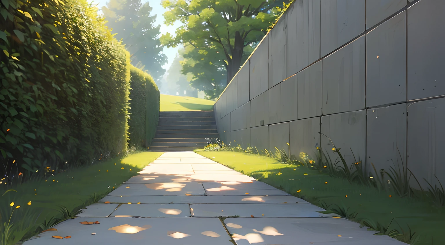 Grass path, large, wide angle, concrete walls side, no one
