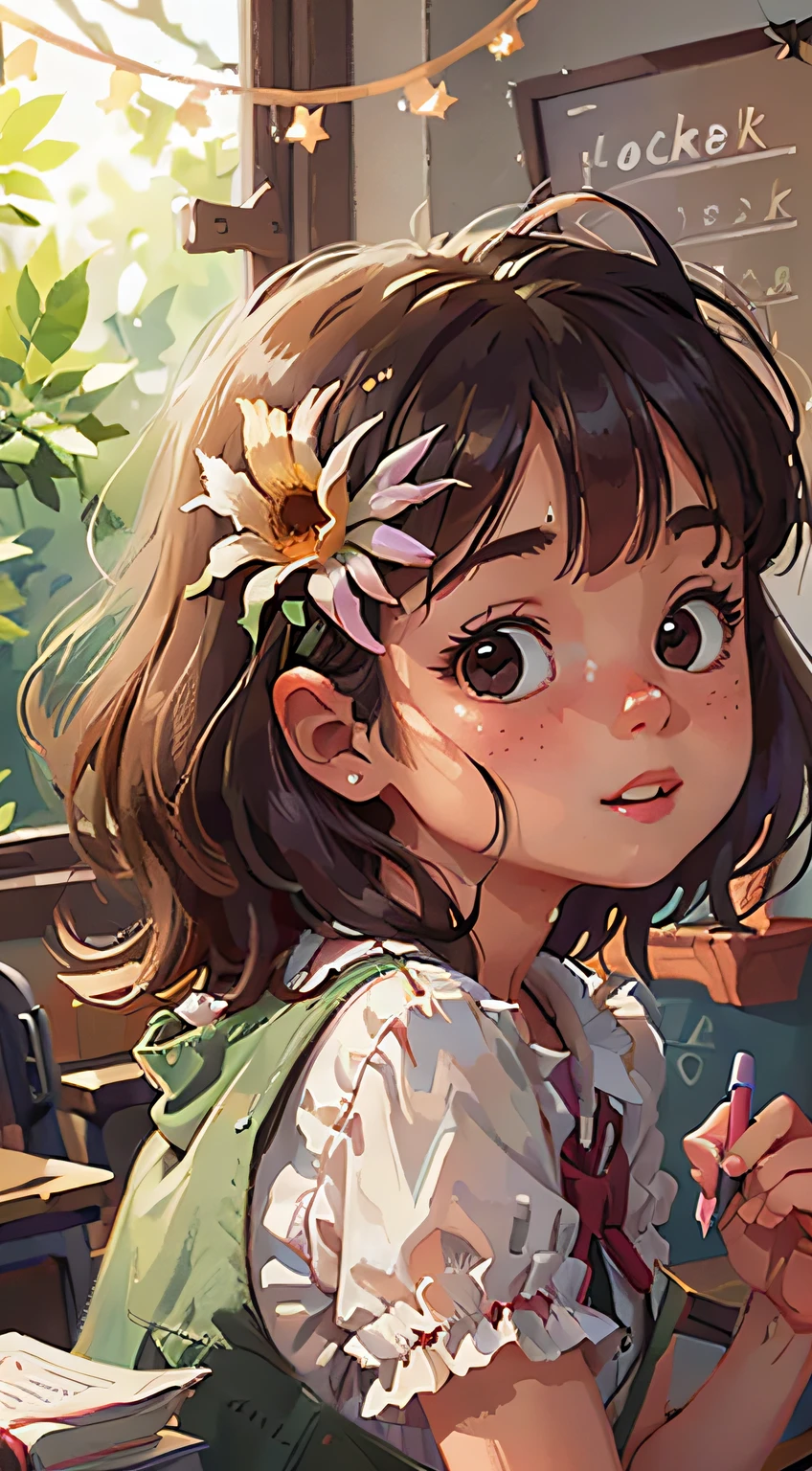 Girl, Classroom, Summer, Perfect quality, clear focus (clutter - home: 0.8), (masterpiece: 1.2) (Realistic: 1.2) (Bokeh) (Best quality) (Detailed skin: 1.3) (Intricate details) (8K) (Detail Eyes) (Sharp Focus), (Happy)
