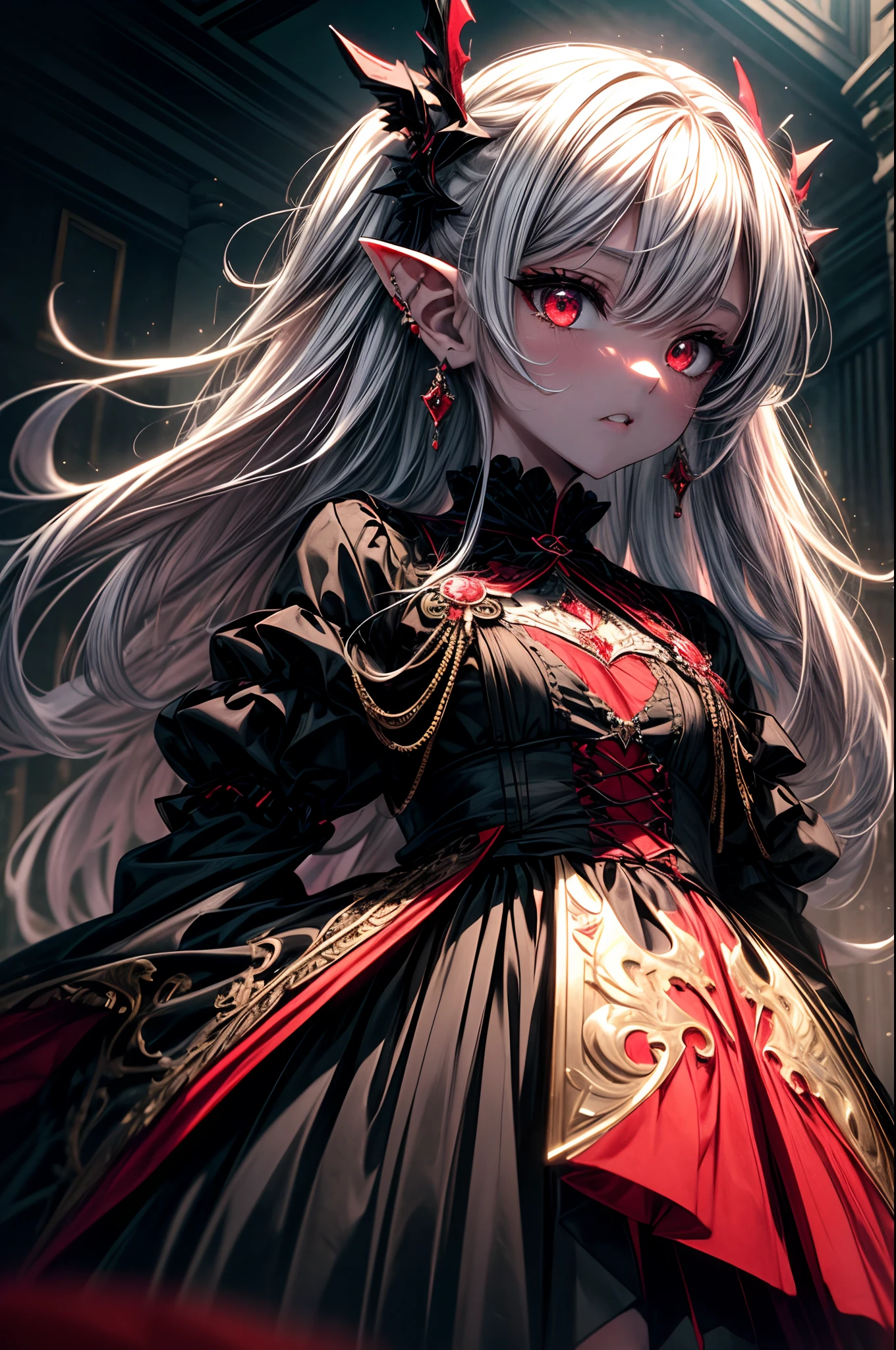 ((Best Quality, 8K, Masterpiece)), ((1woman, petite)), flat color, limited palette, Perfectly Cute Girl, Delicate and smooth skin, Realistic skin, Perfect Beautiful Face, Perfect and Cute Face, (POV POV, View from below), short messy white hair, elf ears, sharp fangs, disgusted expression, open mouth, cringing, glowing red eyes, skull hairpin, ornate black dress, fully clothed, dark aura, black and red, two tone, dark hue, red hue, high contrast, dark lighting
