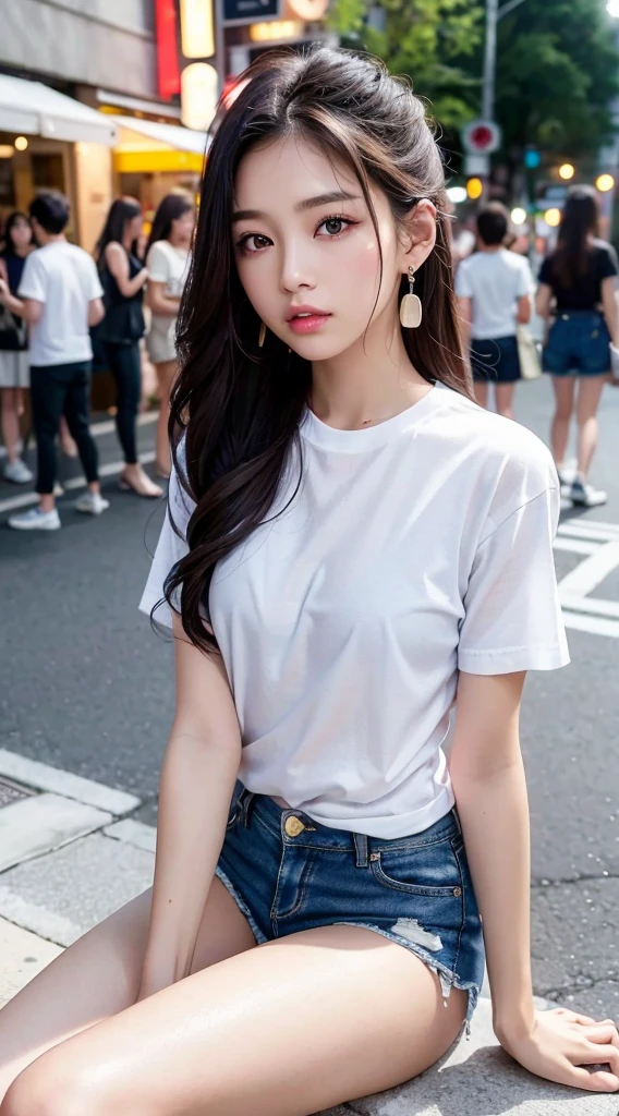 (RAW photo, Best quality), (Realistic, photo-realistic:1.2),High quality, (highdetailskin:1.4), 1girll,delicated face, standing,(Huge tits), Wear only oversized T-shirts,with no underpants,No underwear,Long legs,In the street