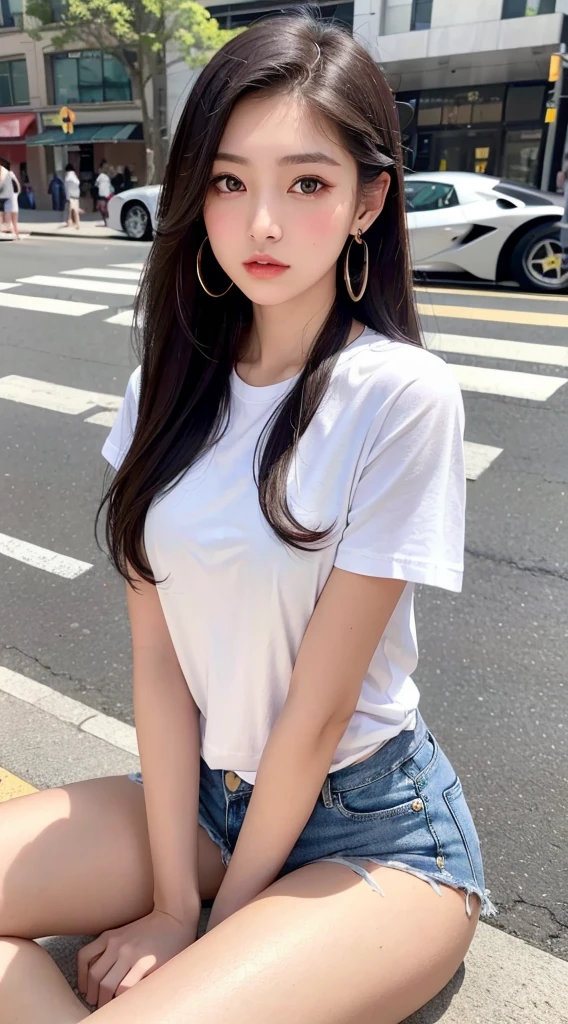 of the highest quality, masutepiece, Ultra high definition, (Real: 1.4), Original photo, (Evening Street), 1 girl, Black eyes, gaze at the audience, Long hair, Light makeup, Lips, small ears, White T-shirt, Denim shorts, earrings, Sitting Ferrari,, slim, neat, Park