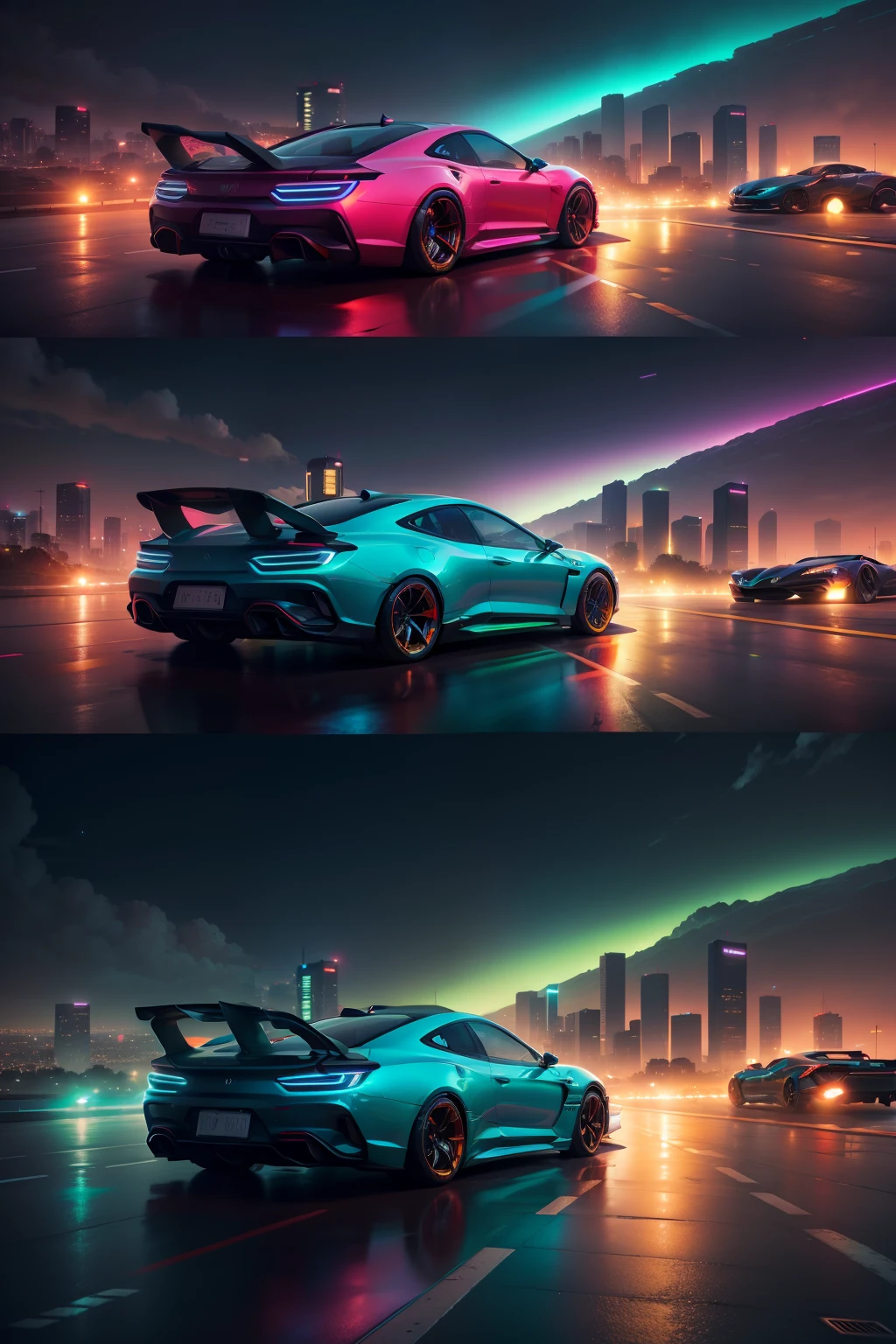 cidade futurista com luzes neon, carros ultra realista, paisagem de noite leon