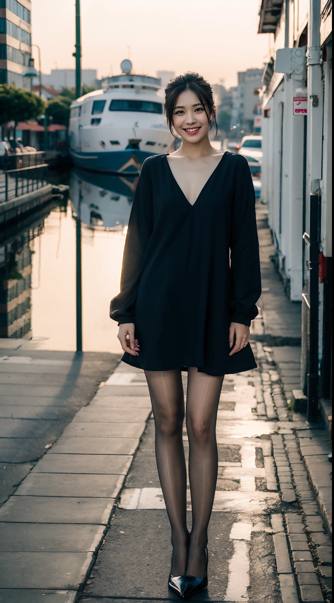 (RAW photo:1.2), (Photorealistic:1.4),Beautiful detailed woman,very detailed eyes and faces, A detailed eye, ultra - detailed,A high resolution, The is very detailed,best qualtiy,illustratio,unified,8k 壁纸,tmasterpiece,best qualtiy,1girll,Cross your hands at the waist,ssmile,Stand on the dock,The boat is in the water, Long-sleeved dress, Manteau,exteriors,lacepantyhose,耳Nipple Ring,jewely,high-heels,looking at viewert,Black color hair,full bodyesbian,standing on your feet,Printed dress,longer sleeves,long whitr hair,nigth,with brown eye,street corner,bblurry