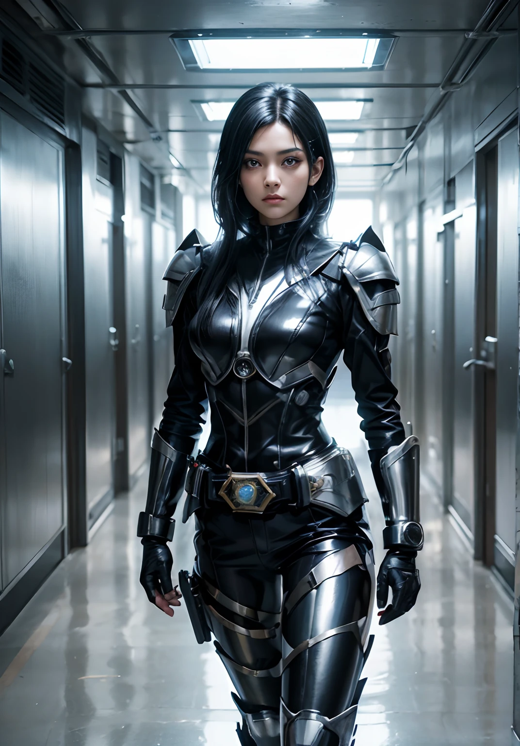 Beautiful woman with black hair. black eyes. Twenty years old. She wears a black metallic battle uniform. There is something like Kamen Rider's transformation belt on his waist. She stands in the hallway of the spaceship with a tense expression on her face. 8K image quality. A masterpiece.