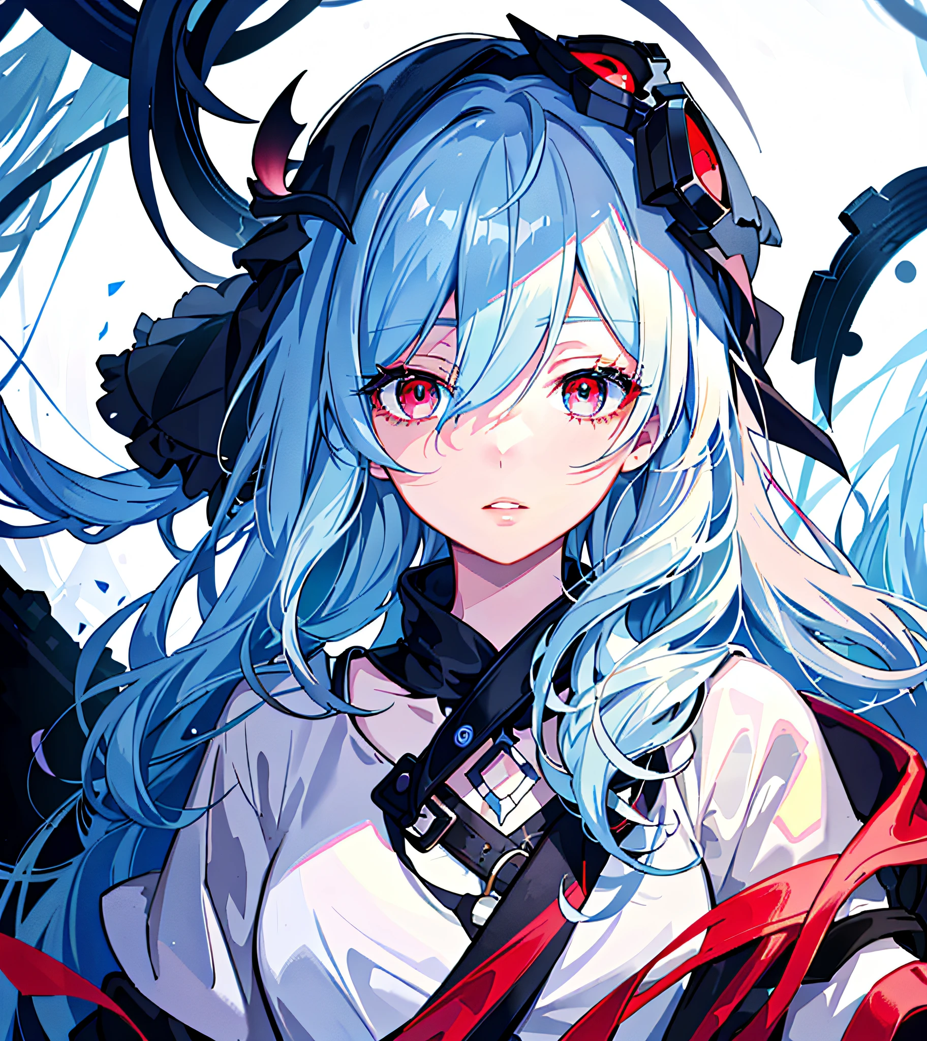 A tired girl with beautiful detailed lips, long eyelashes, and eyes and face as the main focus of the image. The girl has light blue hair and red eyes. The image is set in a dark environment, with vivid colors to create a striking contrast.