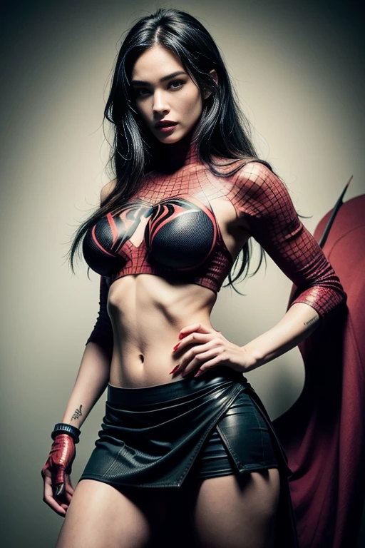 Megan fox、Sticking out the navel、newyork、She wears a torn Spider-Man suit,wearing skirt、 Red and black color scheme,Dynamic、​masterpiece、top-quality、ultra-detailliert、ighly detailed、beautiful detailed brilliance、超A high resolution