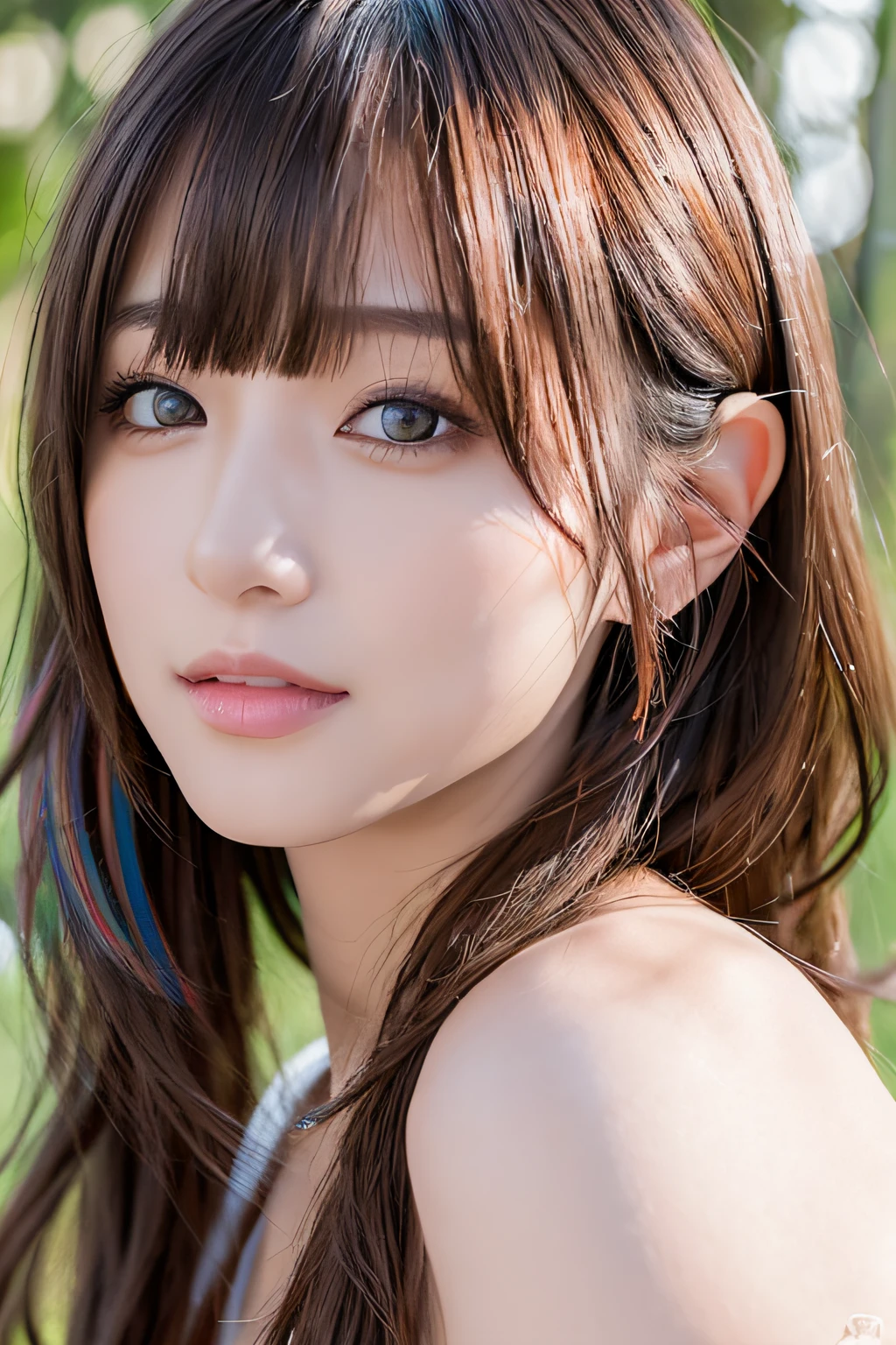 masterpiece, highest quality, 16K,enlightenment, Sax Blue, Green Earrings, green necklace, completely naked, 1 girl, cute, (dynamic lighting:1.2), cinematic lighting, delicate features, detailed eye, sharp pupils, realistic student, in the forest, Bokeh, sharp focus, (super detailed, bloom, shine:1.4), green eyes、brown hair、she is a tree fairy、forest background、in the forest、headband、naked、Braid、Berry Short、Now naked、green eyes、upper body close-up、