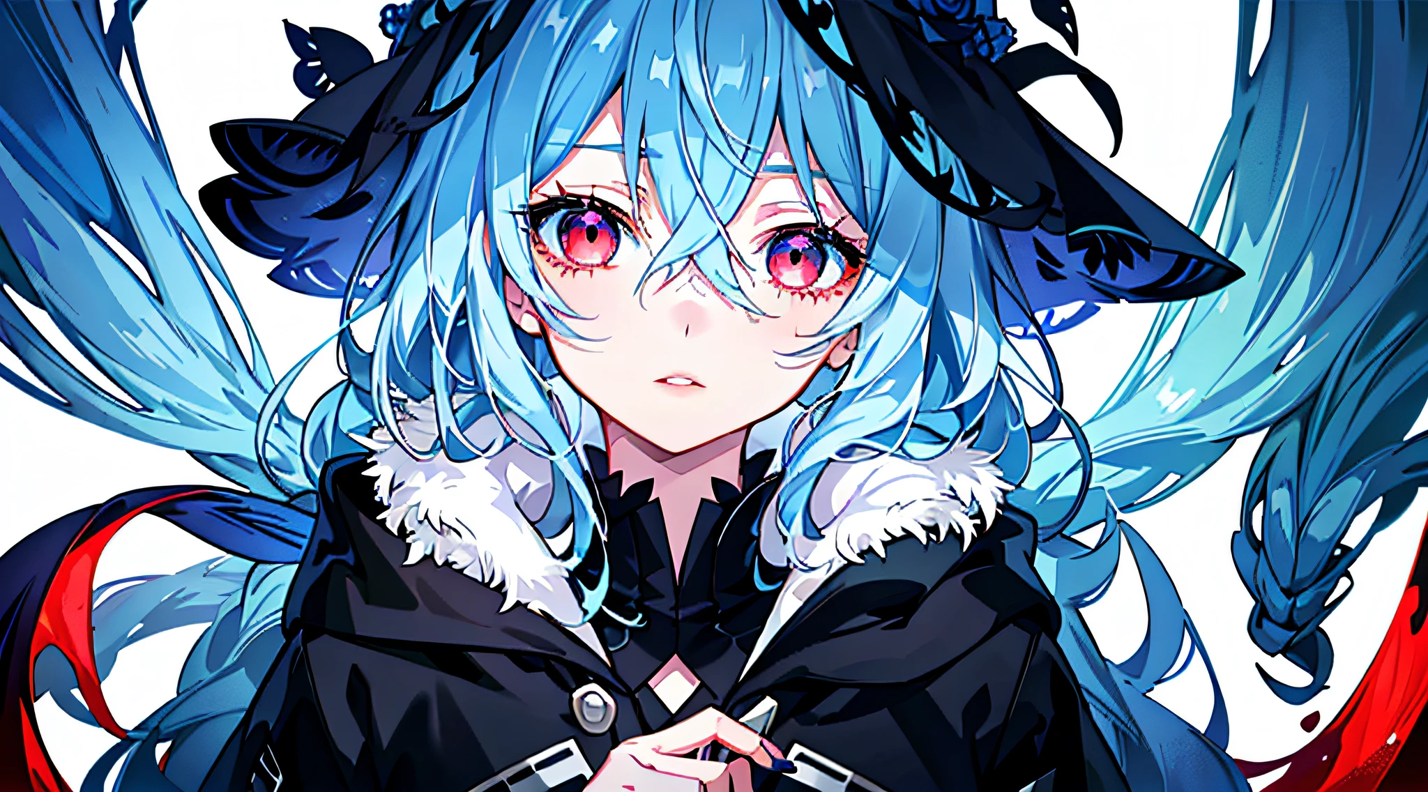 A tired girl with beautiful detailed lips, long eyelashes, and eyes and face as the main focus of the image. The girl has light blue hair and red eyes. The image is set in a dark environment, with vivid colors to create a striking contrast.