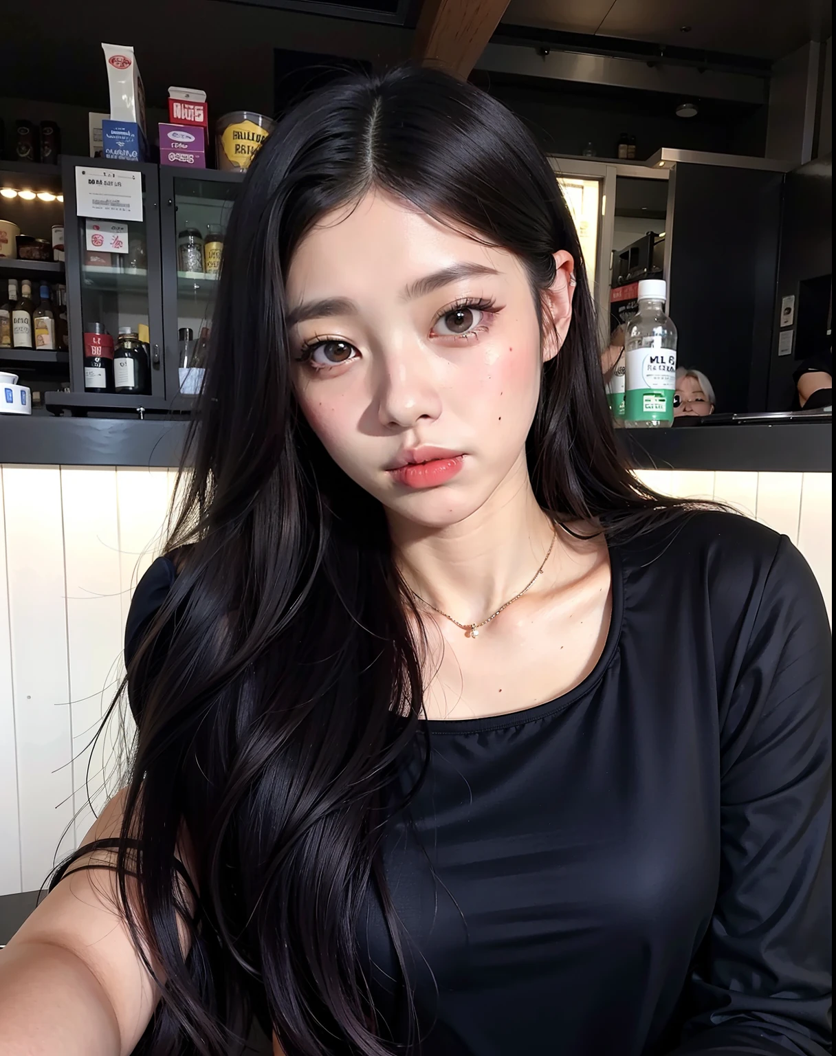 there is a woman sitting at a table with a plate of food, menina coreana, Mulher sul-coreana bonita, Ulzzang, linda mulher coreana jovem, Asian girl with long hair, mulher coreana jovem bonita, Mulher coreana, young adorable korean face, Ela tem cabelo preto com franja, a young asian woman, cruel korean goth girl, Beautiful Asian girl, com cabelos longos