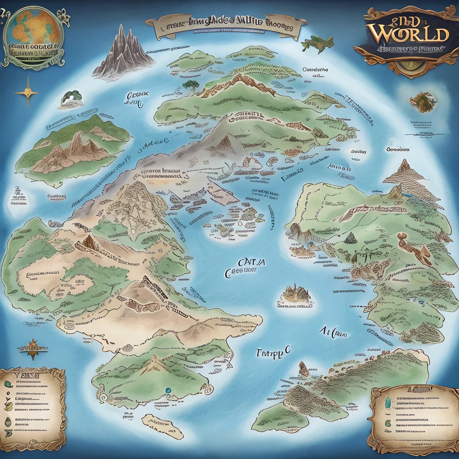 Sheet map, world, Middle-earth Tokkien World Style, several small continents, fantasy world