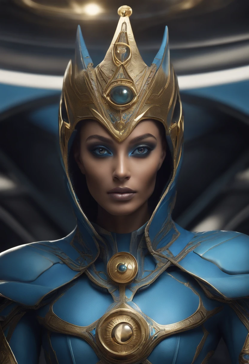 "A blue alien, alto e esguio, with an elongated light head, olhos e nariz grandes, Body wearing a realistic futuristic alien costume with a golden crown with a golden circle and a 6-pointed star in the middle, symbol of the Intergalactic Confederation. Ele entra em uma nave estelar. Her skin is blue Navi, And he has futuristic alien features, including a large almond pupil. The alien is hyper-detailed, com tons de rosa e roxo, and possesses an Ete-Grey alien and space look. It's a portrait of a humanoid alien, An affectionate long-headed hybrid alien, com detalhes borrados do navio futurista.”
