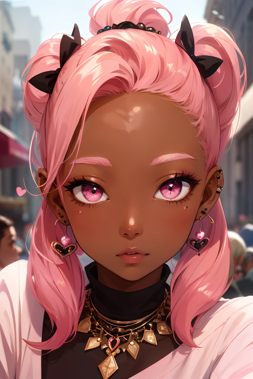 1girl, asymmetrical_hair, ginger hair, dark-skinned_female, dark_skin, , eyeshadow, jewelry, lips, long_hair, looking_at_viewer, makeup, mole, mole_under_eye, nose, piercing, realistic, solo, stud_earrings, pink eyes, cupid, hearts, clouds, twin tails, pink atmosphere, pink lips, happy