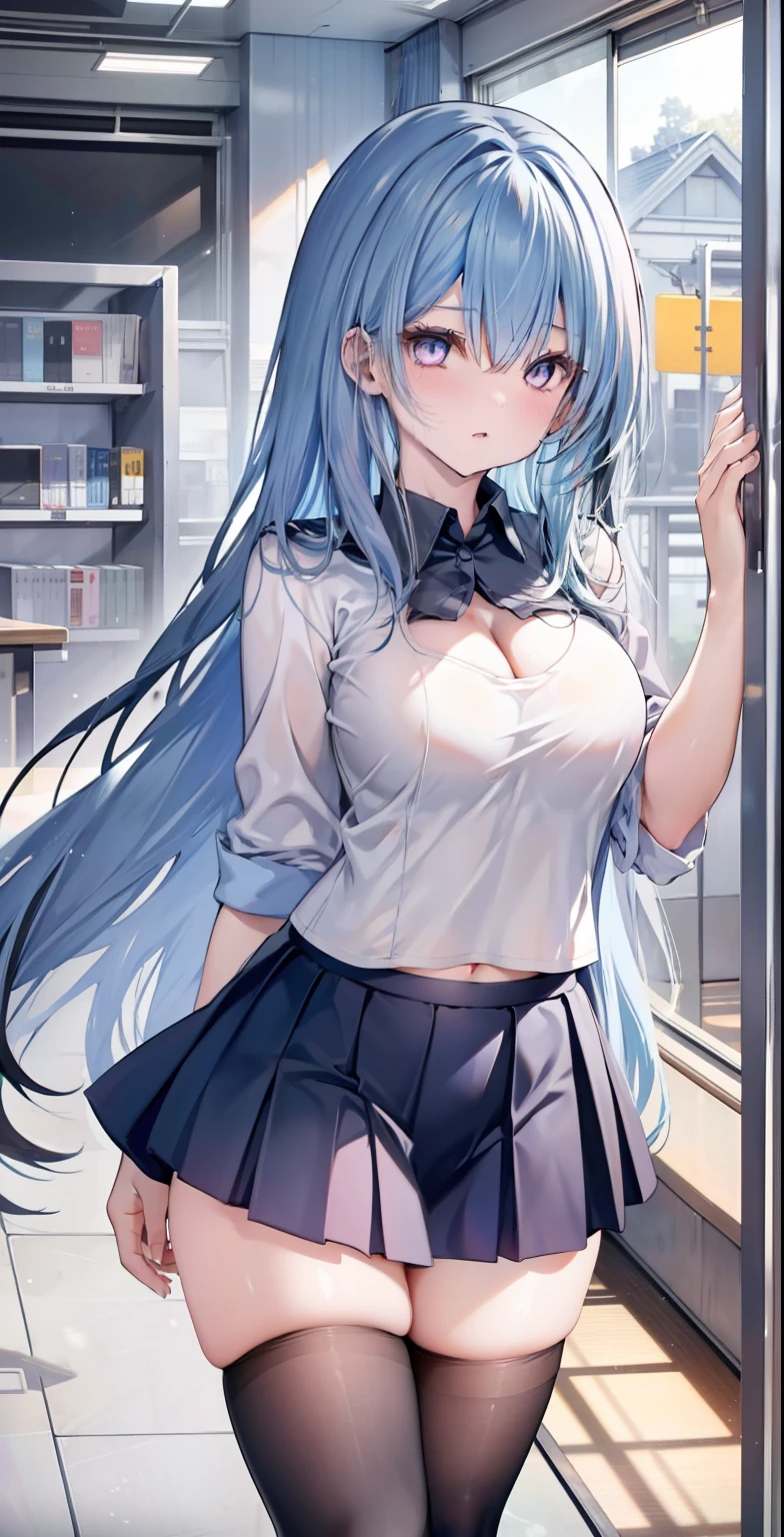 Yukino Yukinoshita, long hair, cleavage, navel, slender legs, black hair, blue eyes, Short Skirt, thigh highs, age Girl, Happy, School uniform, library, standing