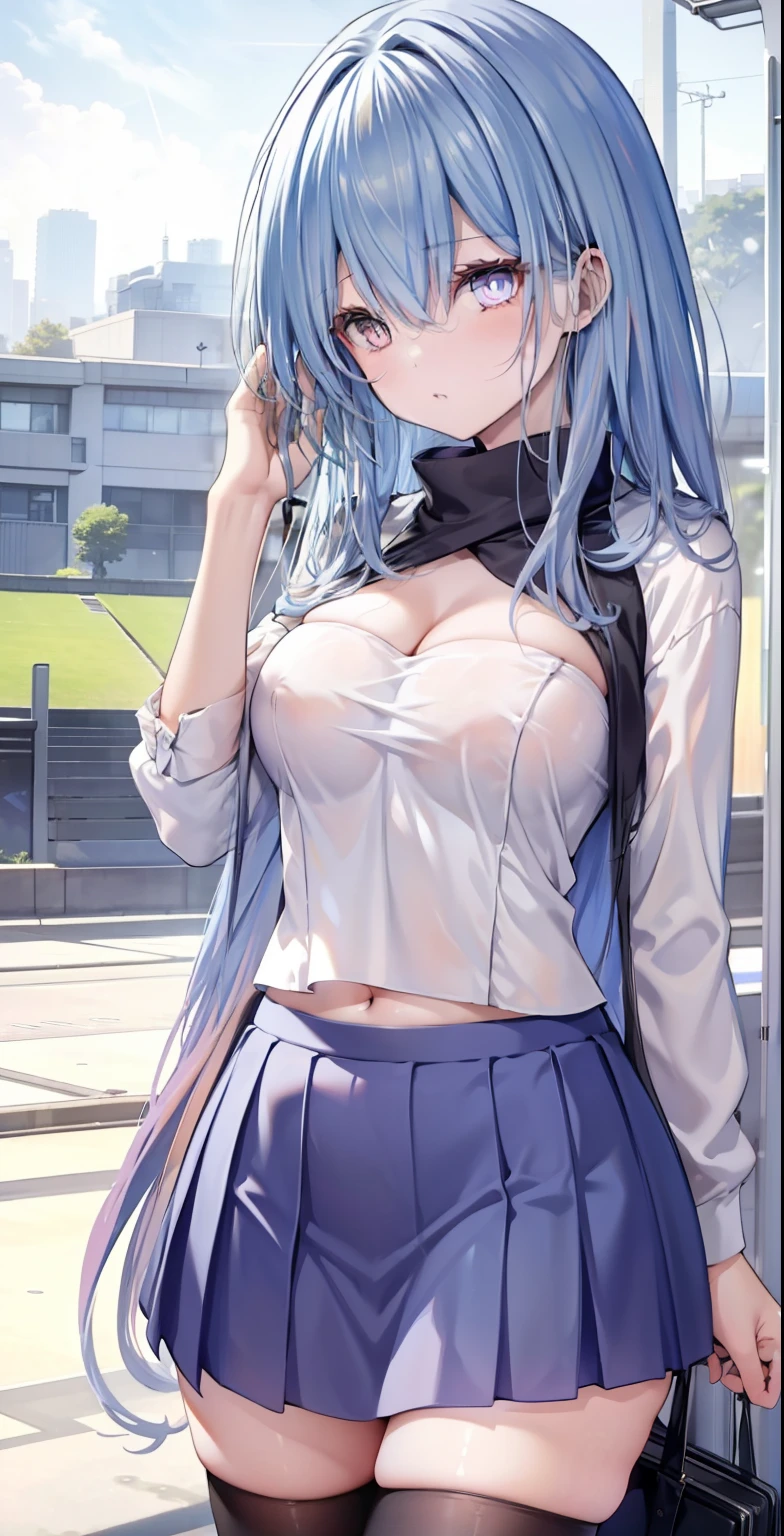 Yukino Yukinoshita, long hair, cleavage, navel, slender legs, black hair, blue eyes, Short Skirt, thigh highs, age Girl, Happy, School uniform, library, standing