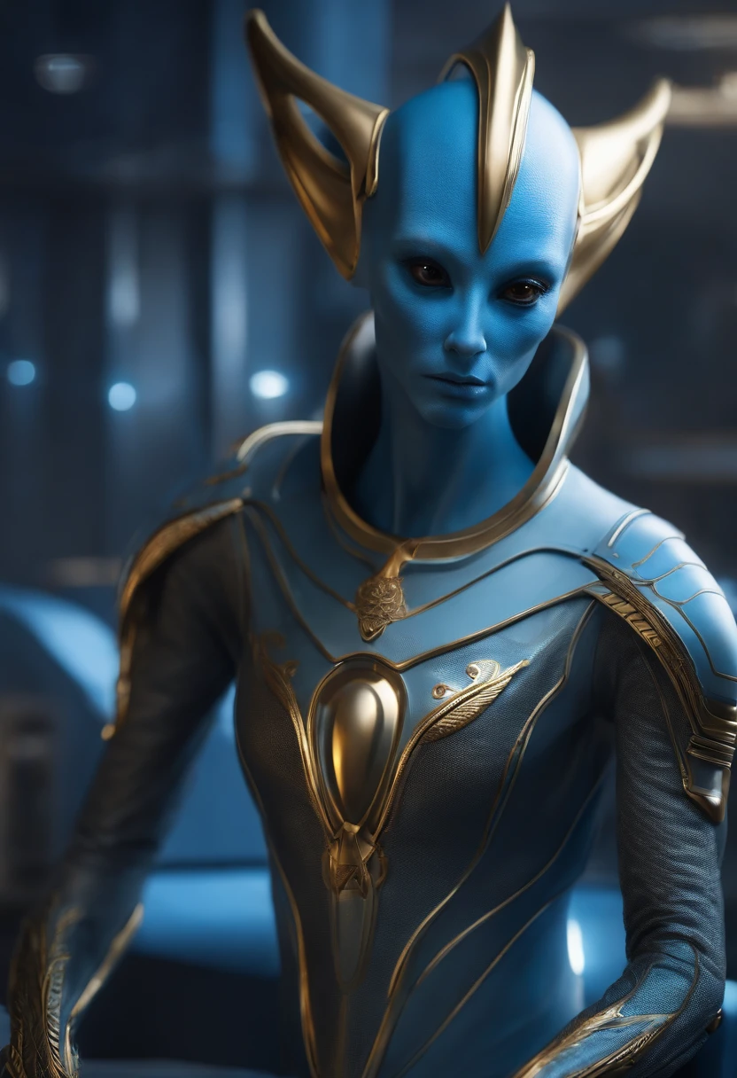 (cuerpo completo), extraterrestrial alien female similar to Lihö-Minaa princess of the people of the planet mül from Valerian and the city of a thousand planets ,vestida de traje de noche corto, engarzado con oro refulgente, priedras preciosas de colores y diamantes, (se encuentra en centro de control de estacion espacial),detalles intrincados de la maquina de alta calidad), estilo cinematografico, nitidez absoluta, imagen 8k.(obra maestra).fondos de pantalla, ultra detallado.
