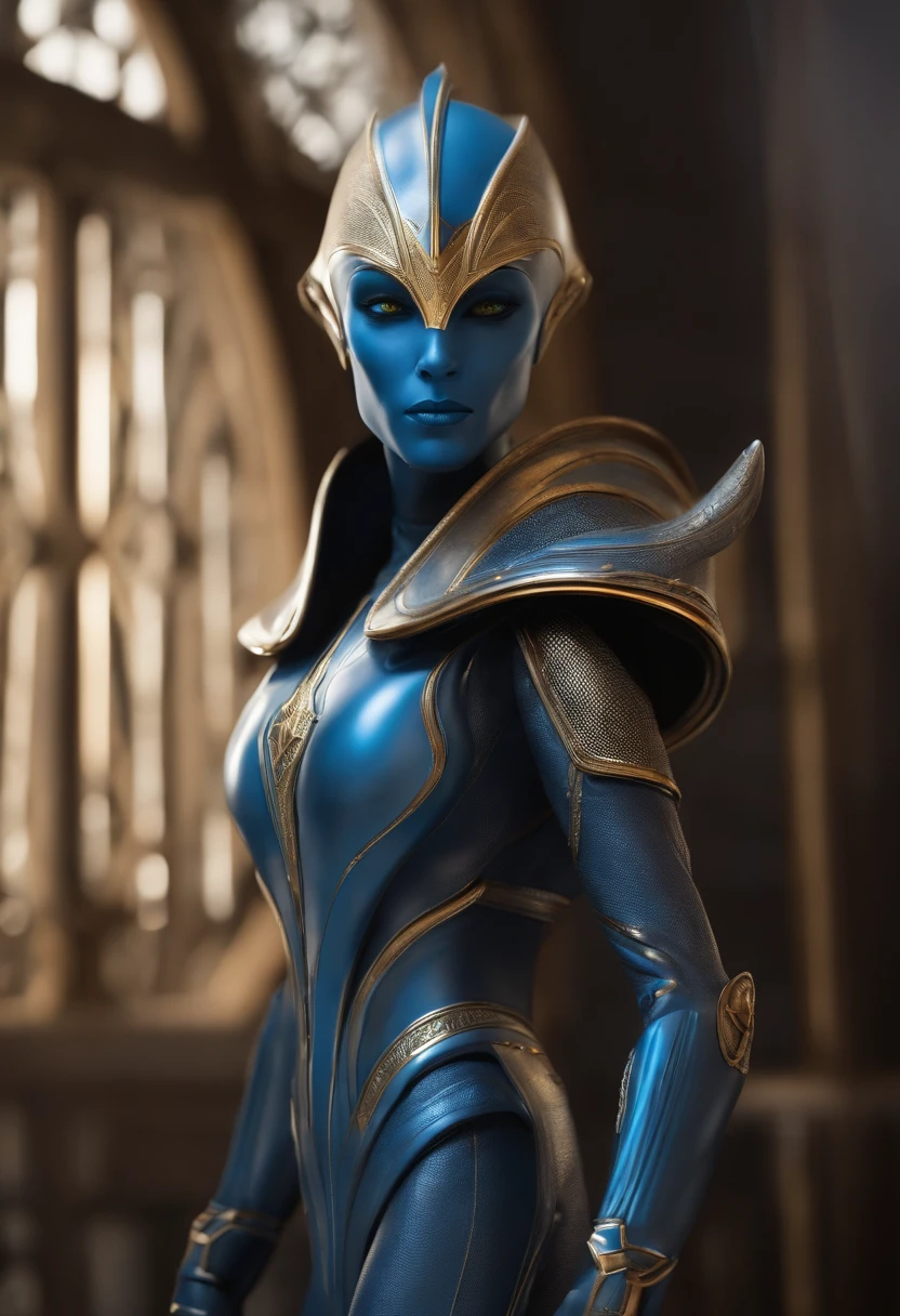 "a blue Ete-gray alien, Alto e esguio, with an elongated light head, olhos grandes , Small nose Body wearing a realistic futuristic alien suit with a golden crown with a golden circle and a 6-pointed star in the middle, symbol of the Intergalactic Confederation. Ele entra em uma nave estelar. Her skin is blue Navi, And he has futuristic alien features, including a large almond pupil. The alien is hyper-detailed, com tons azul navi, and possesses an Ete-Grey alien and space appearance. It's a portrait of a humanoid alien, An affectionate long-headed hybrid alien, com detalhes borrados do navio futurista."