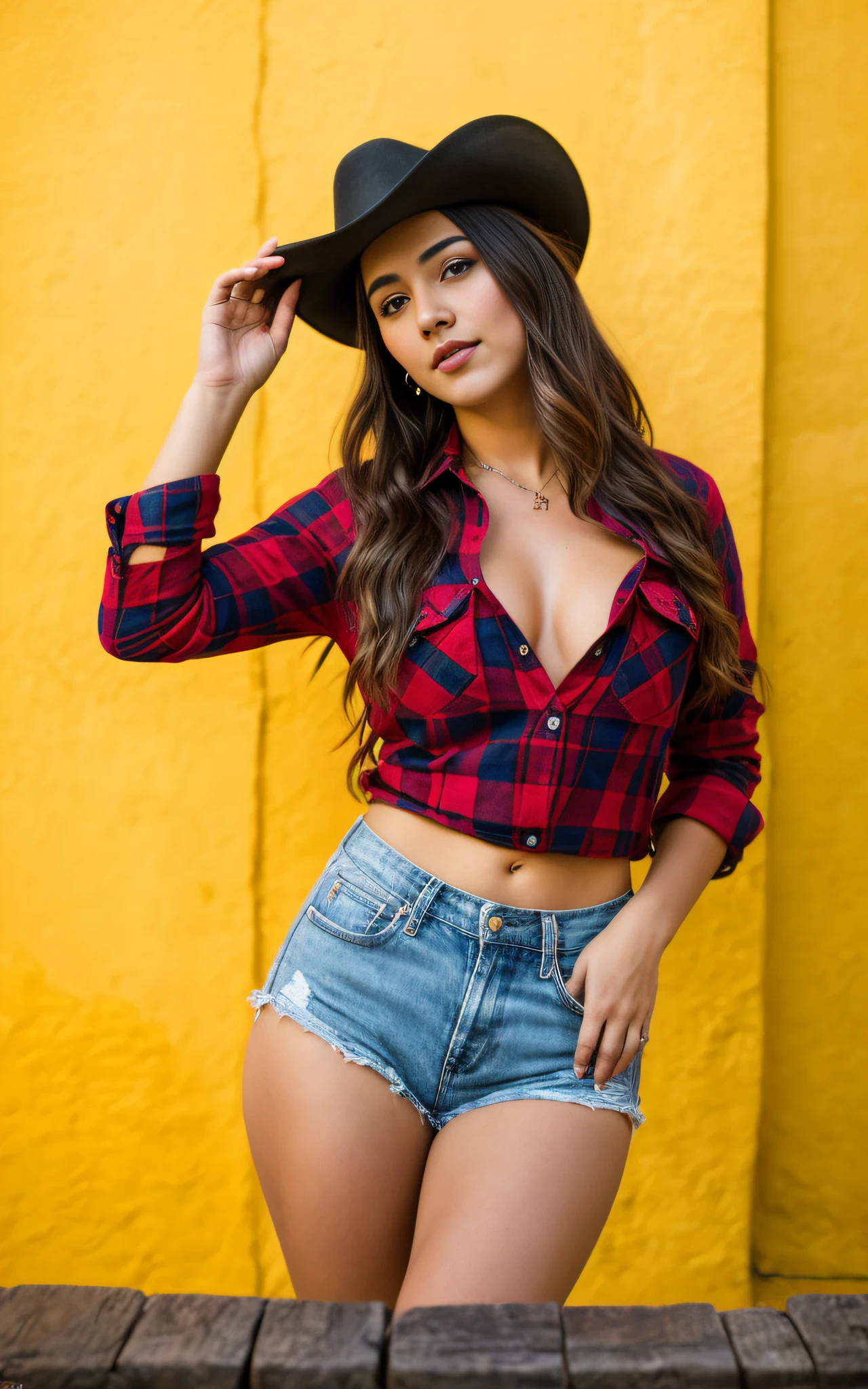 foto RAW, una bella joven con sombrero vaquero posando, wearing a red lumberjack shirt ,Background of Barcelona's Gothic Quarter, 8k UHD, DSLR, soft illuminaotion, Alta calidad de imagen, movie grain, Fujifilm XT3
