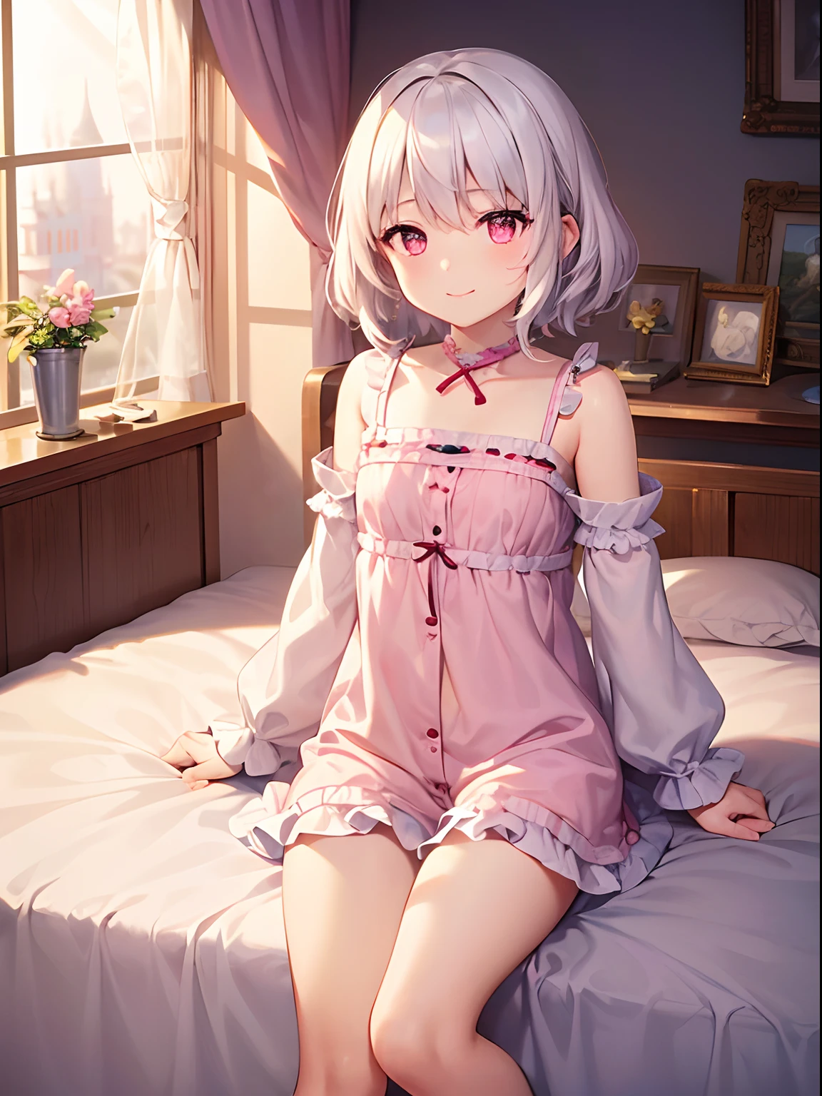absurderes,(​masterpiece、top-quality、8K ),intricate detailes,ultra-detailliert、1 cute beautiful boy、((trap,femboy,Man's daughter:1.4)),Male Focus,embarrassed from、(Petanko breasts、Bulge:2.2(silber hair、Pattsun bangs、Short hairstyle、(rabbitears、White camisole,White shorts、white knee highs:1.3),on the bed、Cute stuffed rabbit、Large white lace pillow、pink curtain、Bay window、Flowers in a vase、Hyper realistic,Perfect Anatomy