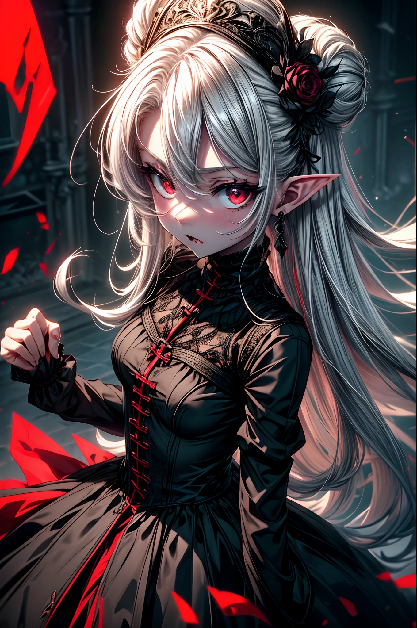 ((Best Quality, 8K, Masterpiece)), ((1woman, ite)), flat color, limited palette, Perfectly Cute Girl, Delicate and smooth skin, Realistic skin, Perfect Beautiful Face, Perfect and Cute Face, (POV POV, View from above), short messy white hair, elf ears, sharp fangs, disgusted expression, open mouth, cringing, glowing red eyes, skull hairpin, ornate black dress, fully clothed, dark aura, black and red, two tone, dark hue, red hue, high contrast, dark lighting