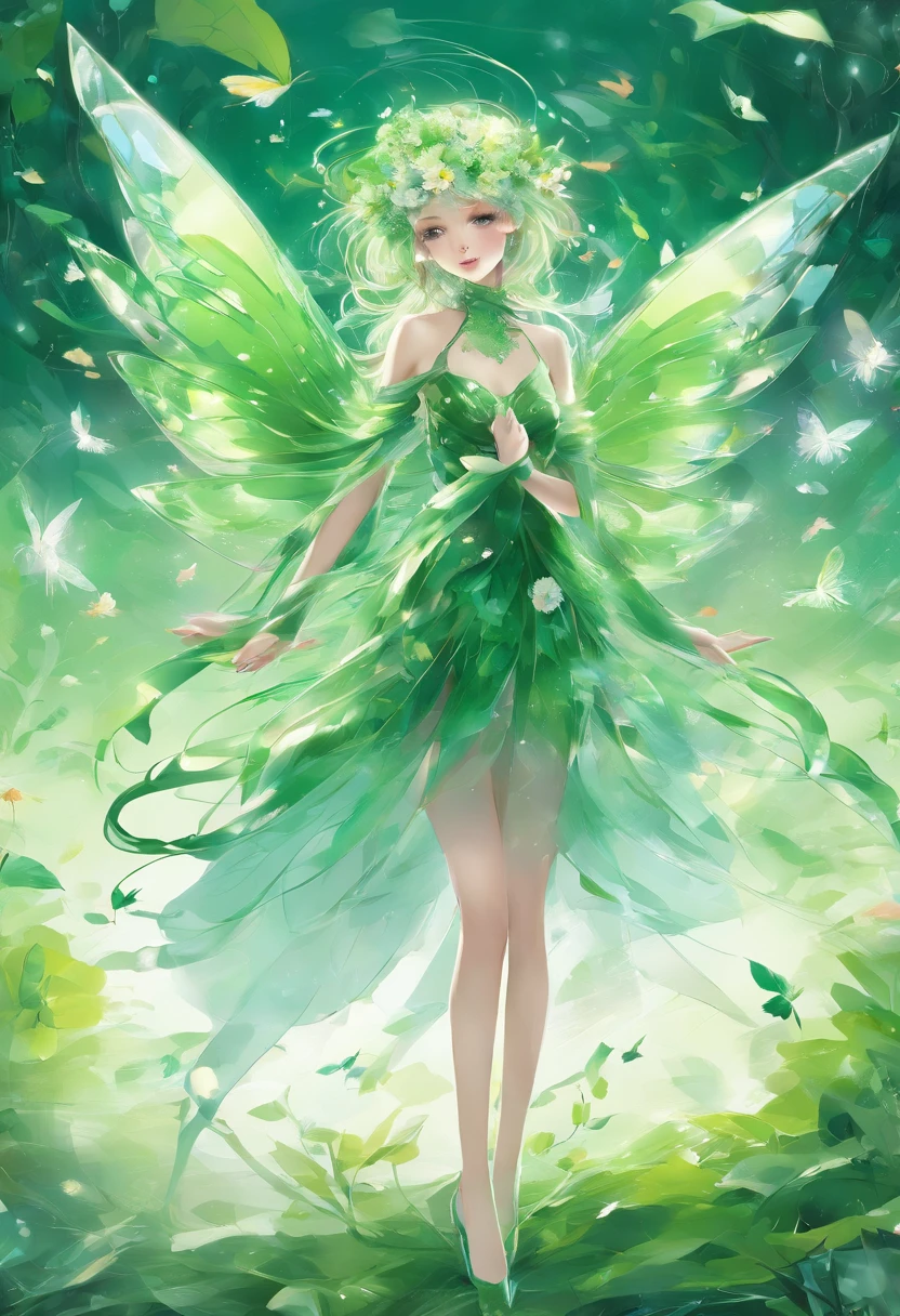 little fairys，The transparent wings of the little fairy，Flying，Green dress，Green wind，Full body like，Meadow woods，(refractions,Reflection:1.3)，Petals and leaves scattered