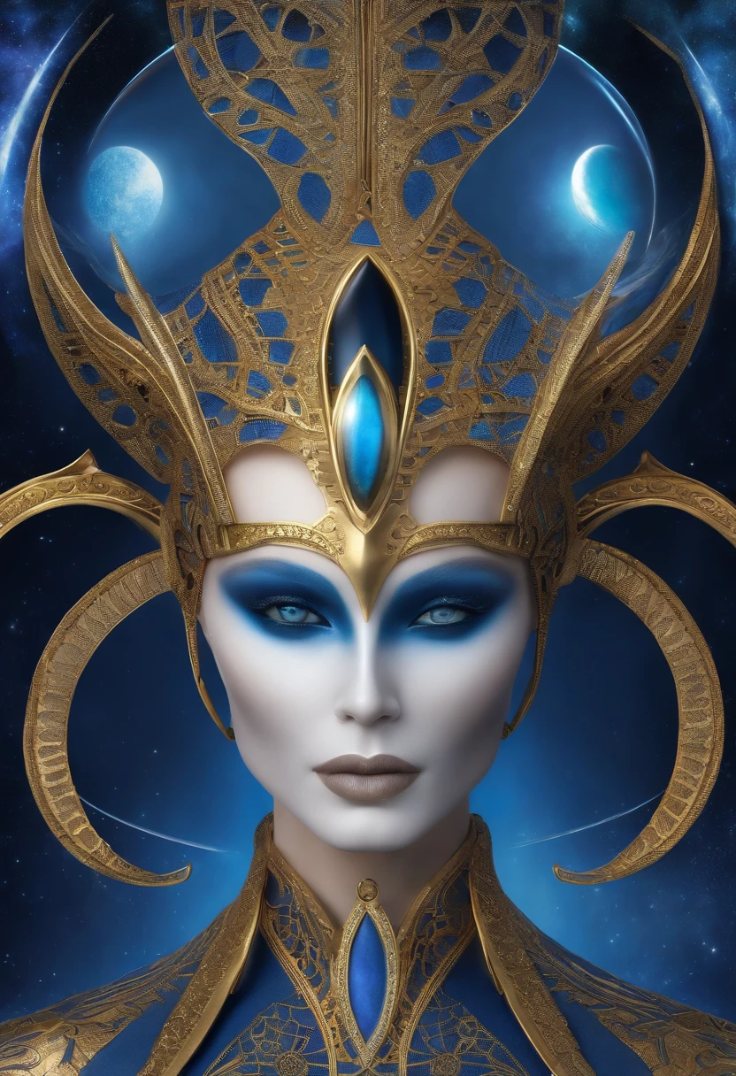 "a blue alien Arcturian Blue Ether Tall and slender, with an elongated light head, olhos grandes , Small nose body wearing a realistic futuristic alien suit with a golden crown with a golden circle and a 6-pointed star in the middle, symbol of the Intergalactic Confederation. Ele entra em uma nave estelar. Her skin is blue Navi, And he has futuristic alien features, including a large almond pupil. The alien is hyper-detailed, com tons azul navi, and possesses an Ete-Grey alien and space appearance. It's a portrait of a humanoid alien, An affectionate long-headed hybrid alien, com detalhes borrados do navio futurista."