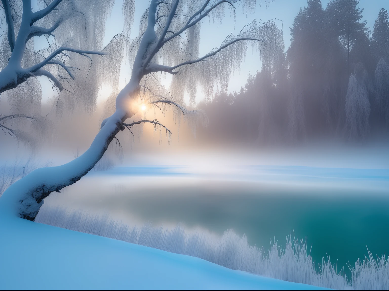 (Best quality,4K,8K,A high resolution,Masterpiece:1.2),Ultra-detailed,(Realistic,Photorealistic,photo-realistic:1.37), （Weeping willows on the shore of the lake in winter：1.3）， Long willow branches covered with snowflakes hang in the lake，Red strips of cloth hang from willow branches），The transparent wicker is covered with snowflakes，Cold mist,Turquoise Lake， inverted image，The sun shines through the mist，Creates a winter atmosphere,surreal frozen landscape,cold sunset,Flashing multicolored mist,Soft winter light,Dramatic and unpredictable cold landscapes,cold shades,Mysterious blue mist,Dramatic cold light,Blazing mist,cold environment,Blue haze,Chilly atmosphere,A soft hazy light,ethereal landscape,Winter fog enveloped her,Winter scenery