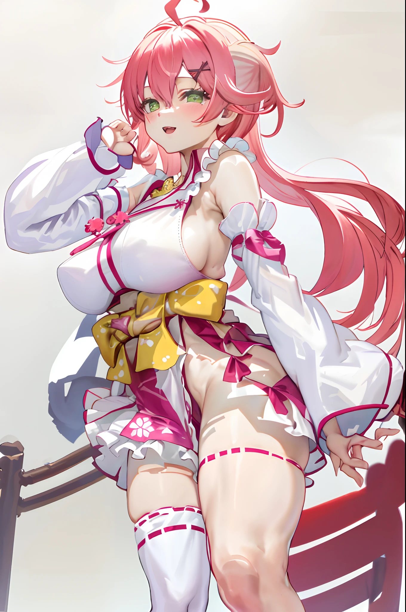 masterpiece, best quality, highres, miko1, sakura_miko, 1girl, big_boobs, solo, ahoge, x_hair_ornament, pink_hair, floral print, hairclip,(side_less_clothes:1.5), (side_boobs:1.5), hair_bell, floral print, long_hair, hair between eyes, one side up, white thighhighs, asymmetrical legwear, wide sleeves, open_mouth,(happy:1.3),green_eyes,big_smile,(raise_leg:1.3),plump,apart_legs,(overly_long_sleeves:1.3),),sleeves_past_wrists,hands_hidden_sleeves,sidelock_clothes,solo,hidden_wrists,(XD:1.5),covered_nipples,plump,sunlight,(bare_flank:1.3)