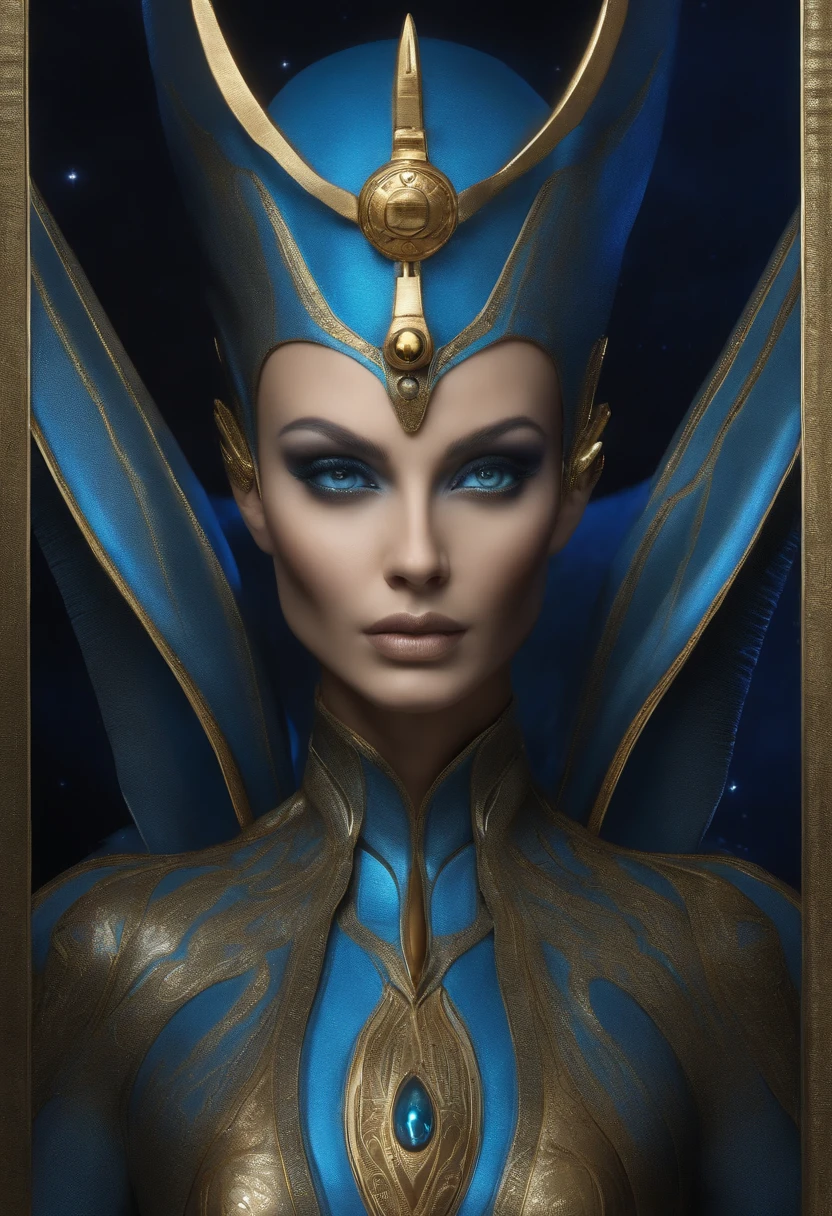 "an elongated blue head alien Arcturian Blue Ether Tall and slender, with an elongated light head, olhos grandes , Corpo esguio, Little nose wearing a realistic futuristic alien costume with a golden crown with a golden circle and a 6-pointed star in the middle, symbol of the Intergalactic Confederation. Ele entra em uma nave estelar. Her skin is blue Navi, And he has futuristic alien features, including a large almond pupil. The alien is hyper-detailed, com tons azul navi, and possesses an Ete-Grey alien and space appearance. It's a portrait of a humanoid alien, An affectionate long-headed hybrid alien, com detalhes borrados do navio futurista."