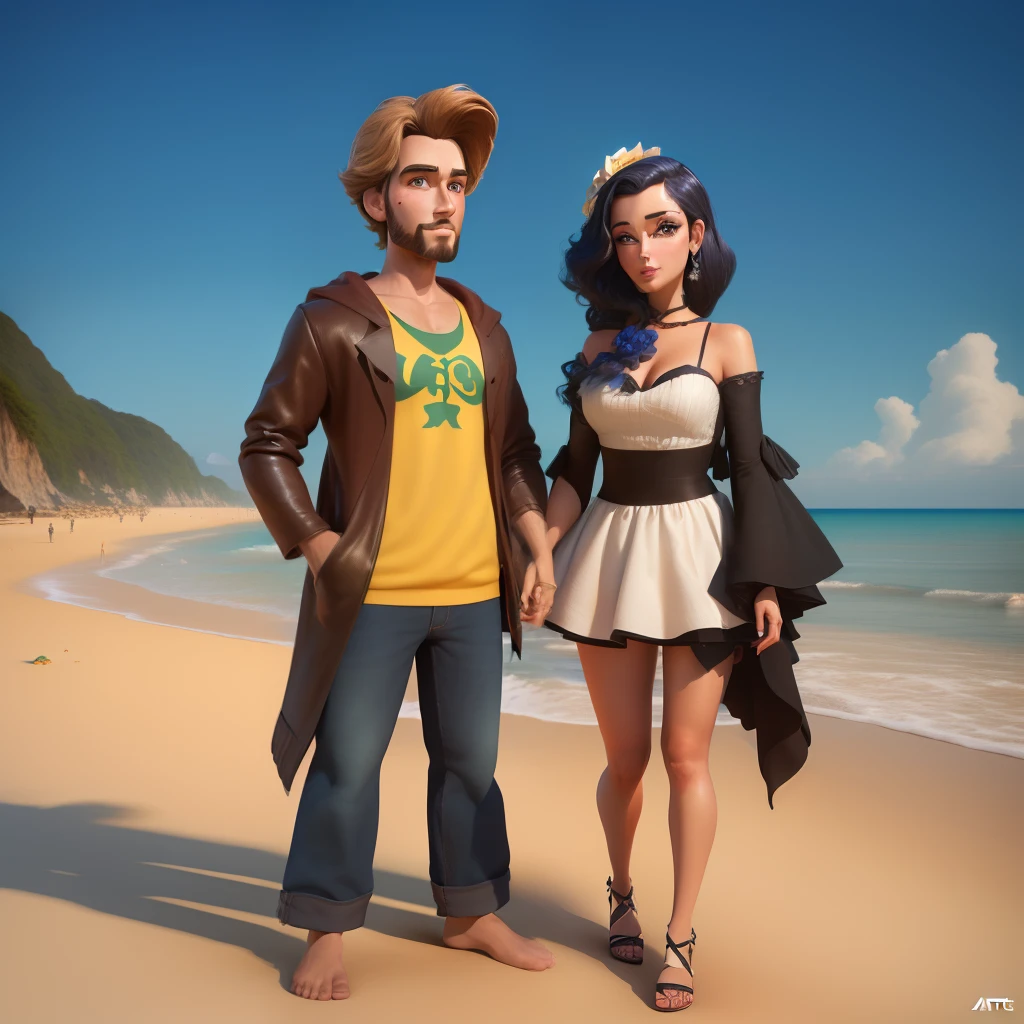 Casal de brasileiros na praia, homem alto e moreno, mulher branca de cabelos pretos, arte 3d estilo Disney Pixar.