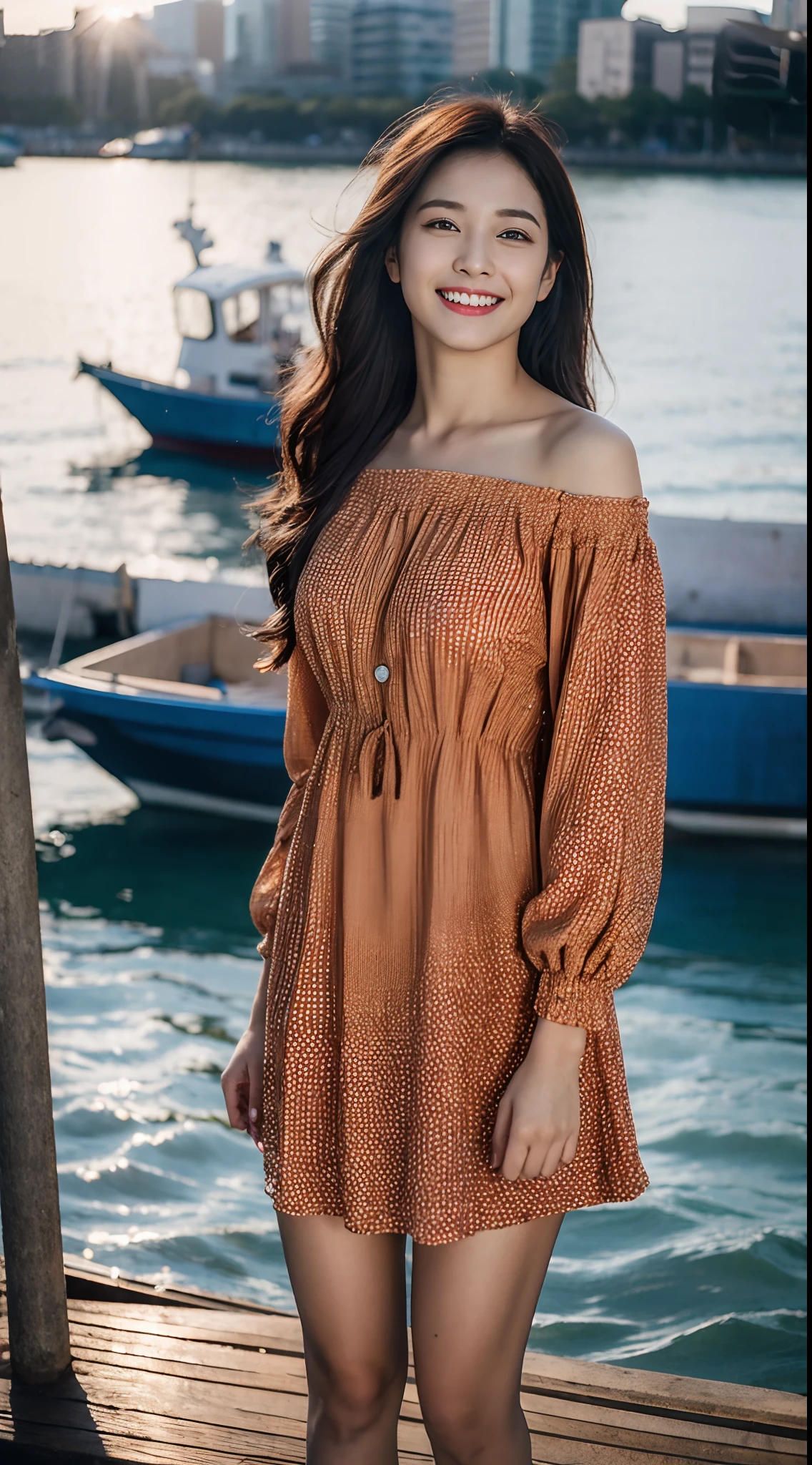 (RAW photo:1.2), (Photorealistic:1.4),Beautiful detailed woman,very detailed eyes and faces, A detailed eye, ultra - detailed,A high resolution, The is very detailed,best qualtiy,illustratio,unified,8k 壁纸,tmasterpiece,best qualtiy,1girll,Looking up like the sun,The sun hits the face,Contre-Jour,ssmile,Stand on the dock,The boat is in the water, Long-sleeved dress,exteriors,耳?????? Ring,jewely,high-heels,looking at viewert,Black color hair,full bodyesbian,standing on your feet,Printed dress,longer sleeves,long whitr hair,nigth,with brown eye,street corner,bblurry