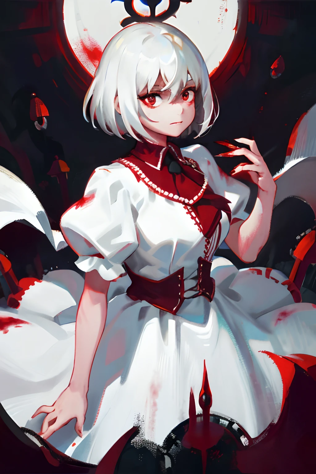 best qualtiy,blood background,Dimly lit,1girll,The short white hair was stained with blood,Bloodstained white dress,Red eyes,Holding a huge blood-colored scythe in his hand,A look of disdain,altar